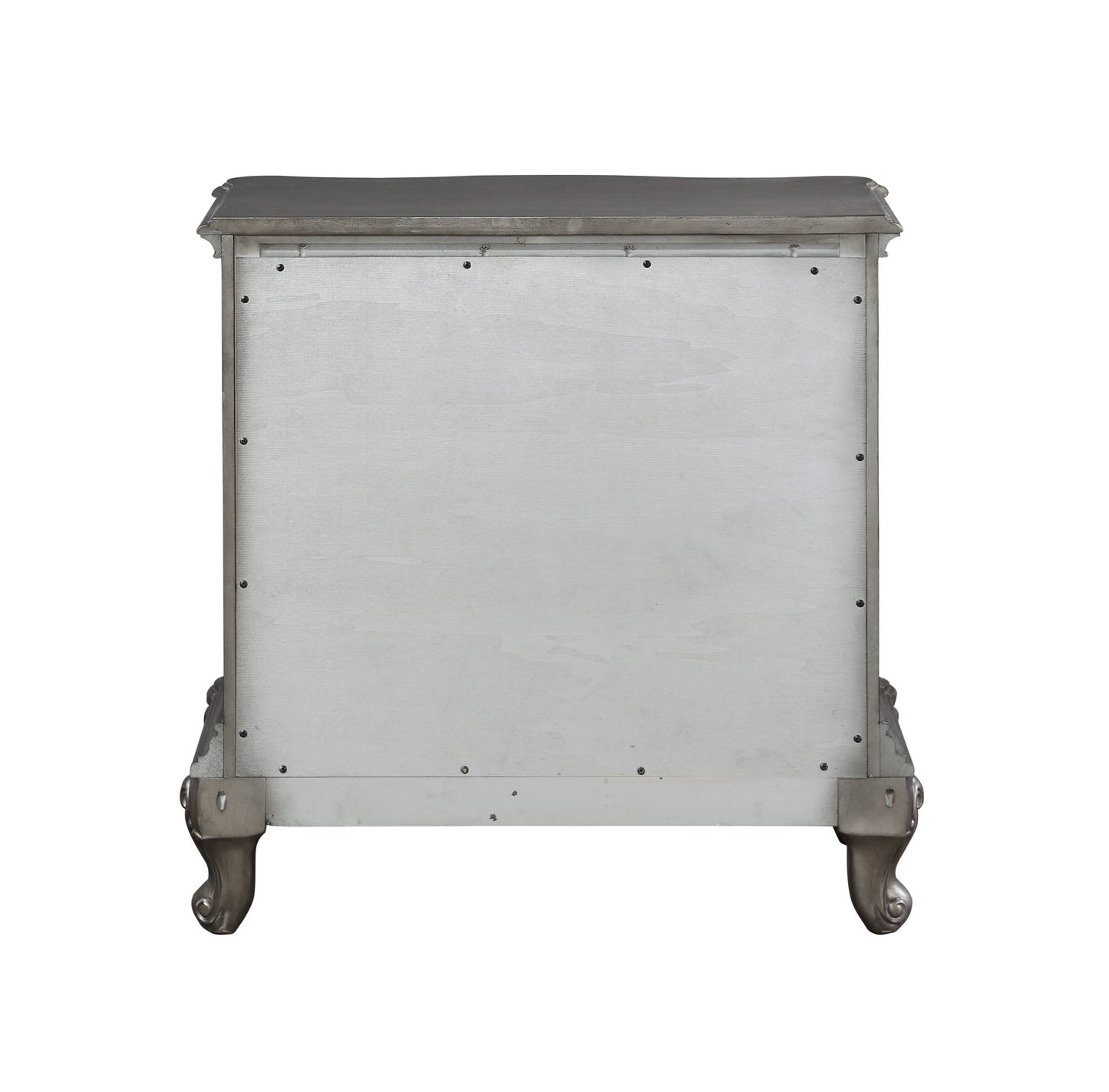 Vintage nightstand with ornate curved legs and a weathered grey finish