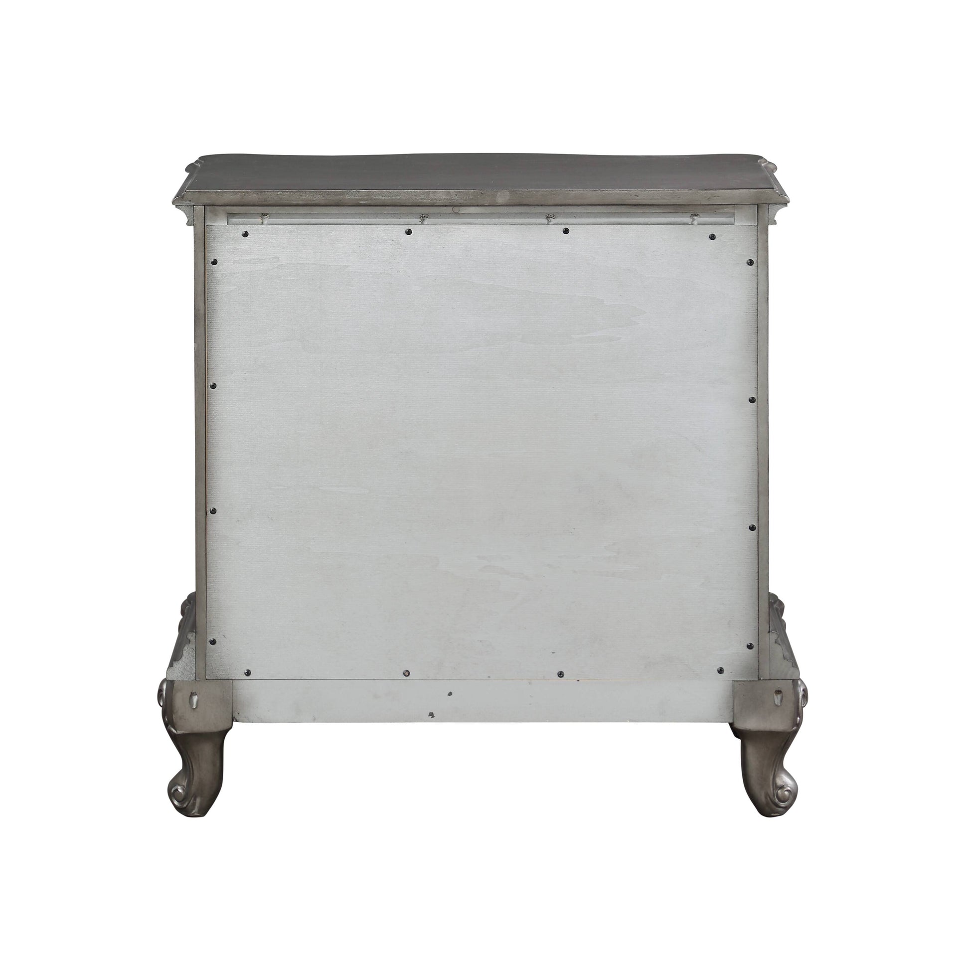 Vintage nightstand with ornate curved legs and a weathered grey finish
