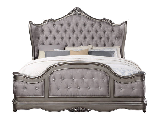 Luxurious silver tufted bed with crystal accents and ornate frame perfect for a master bedroom