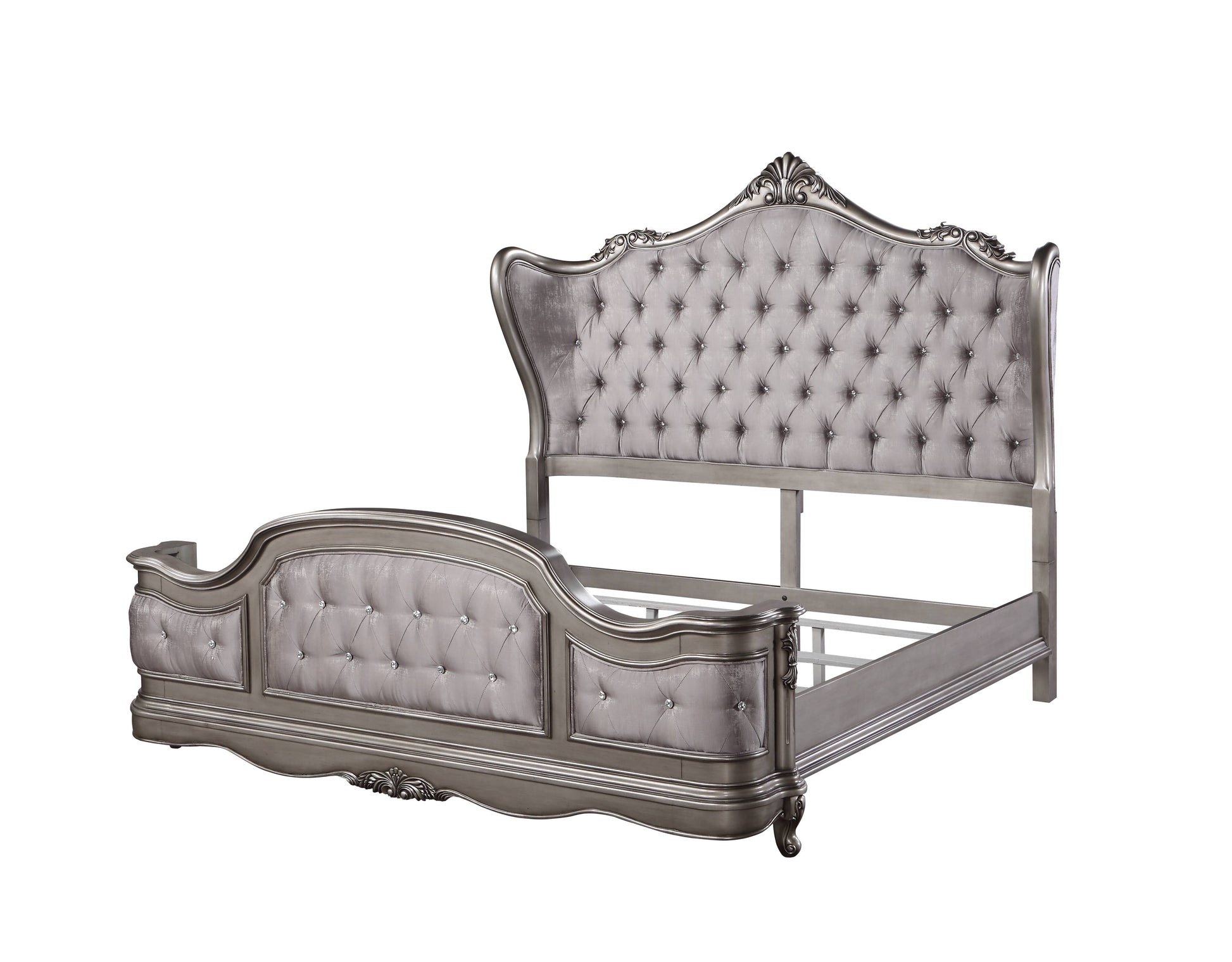 Ornate grey velvet tufted bed frame with crystal accents and carved wood details