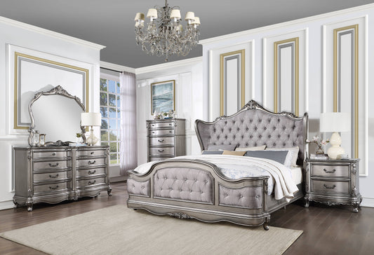 Luxurious silver velvet tufted queen bed frame with crystal accents and ornate detailing