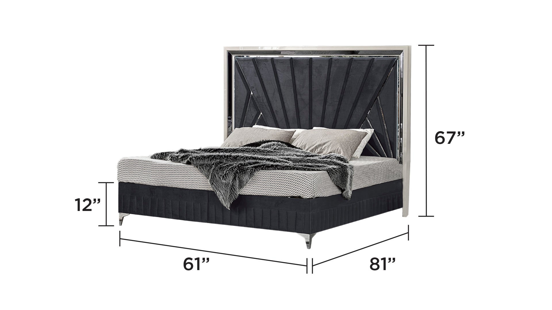 Luxurious king size bed with dark grey velvet headboard and mirrored frame