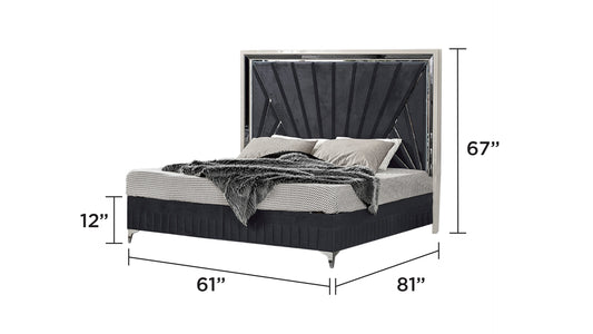 Luxurious king size bed with dark grey velvet headboard and mirrored frame