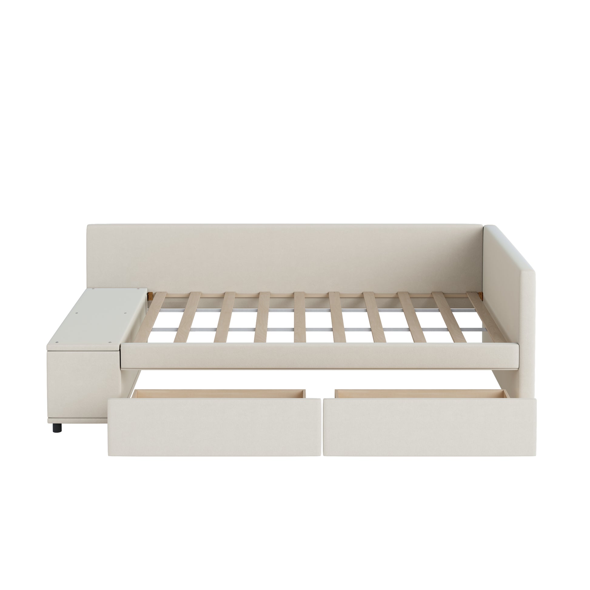 Cream fabric daybed with open storage drawers and side unit