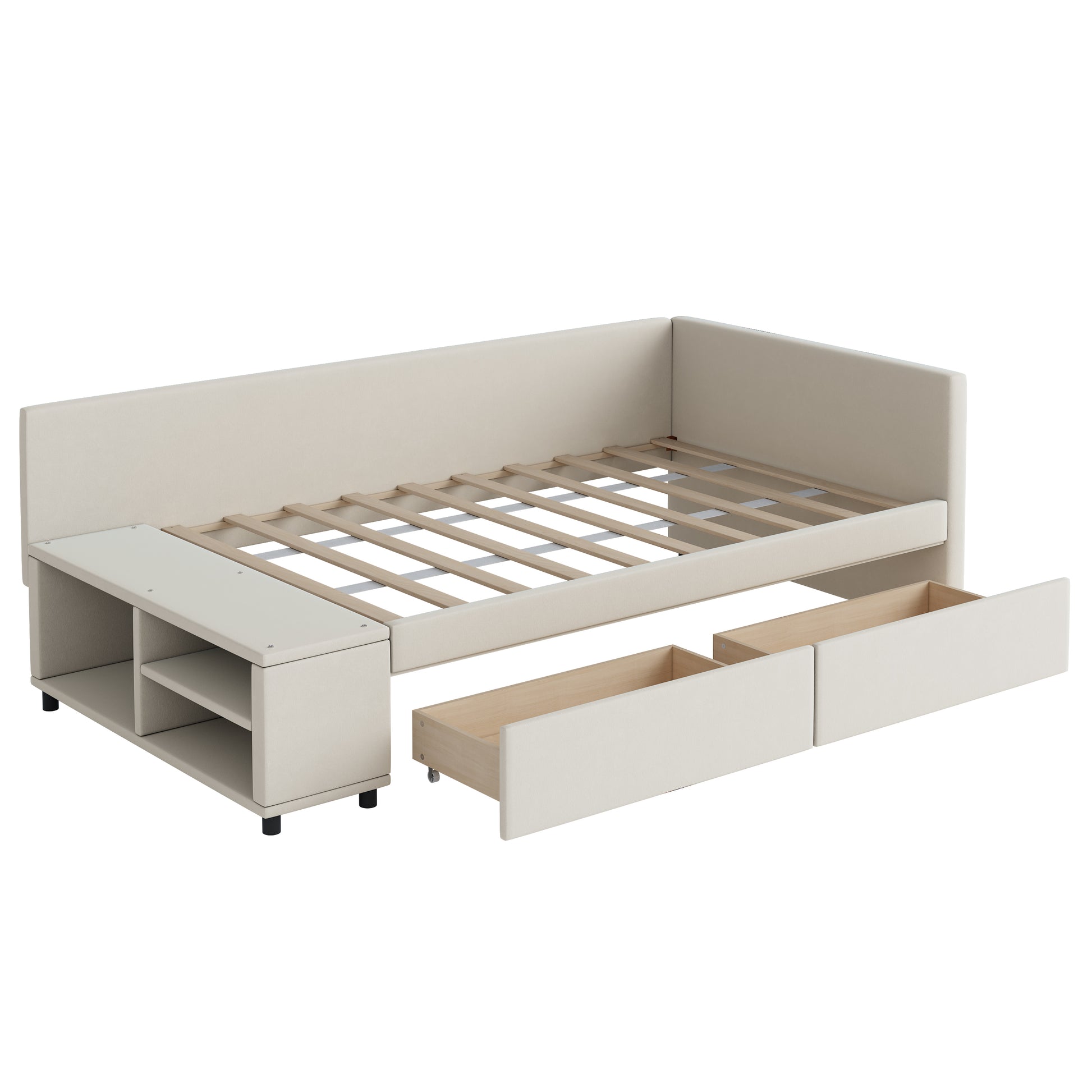 Beige upholstered sofa bed with pullout storage drawers and integrated side shelving unit