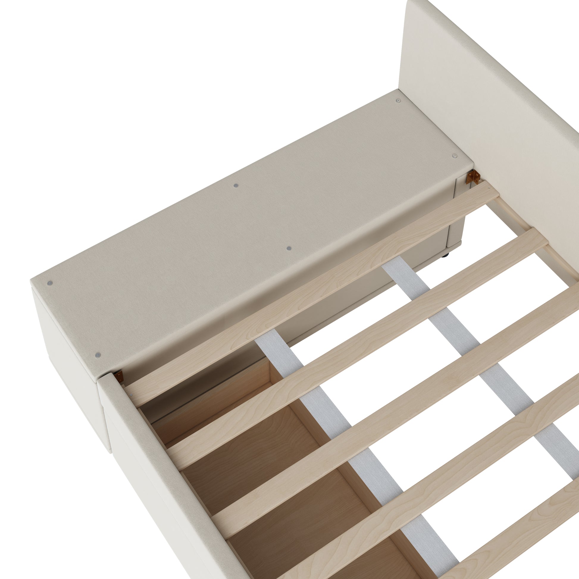 Cream upholstered bed frame with visible wooden slats and storage drawers