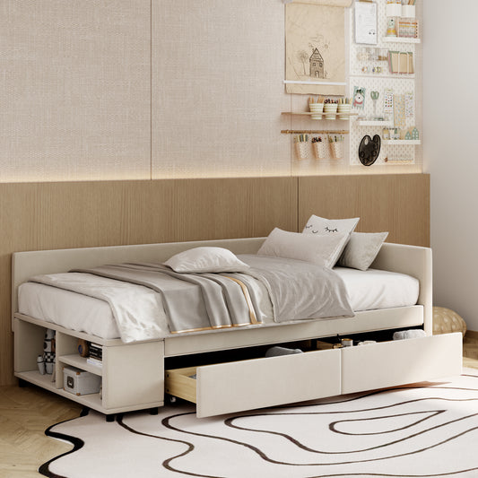 Beige upholstered daybed with storage drawers and open shelving perfect for small bedrooms