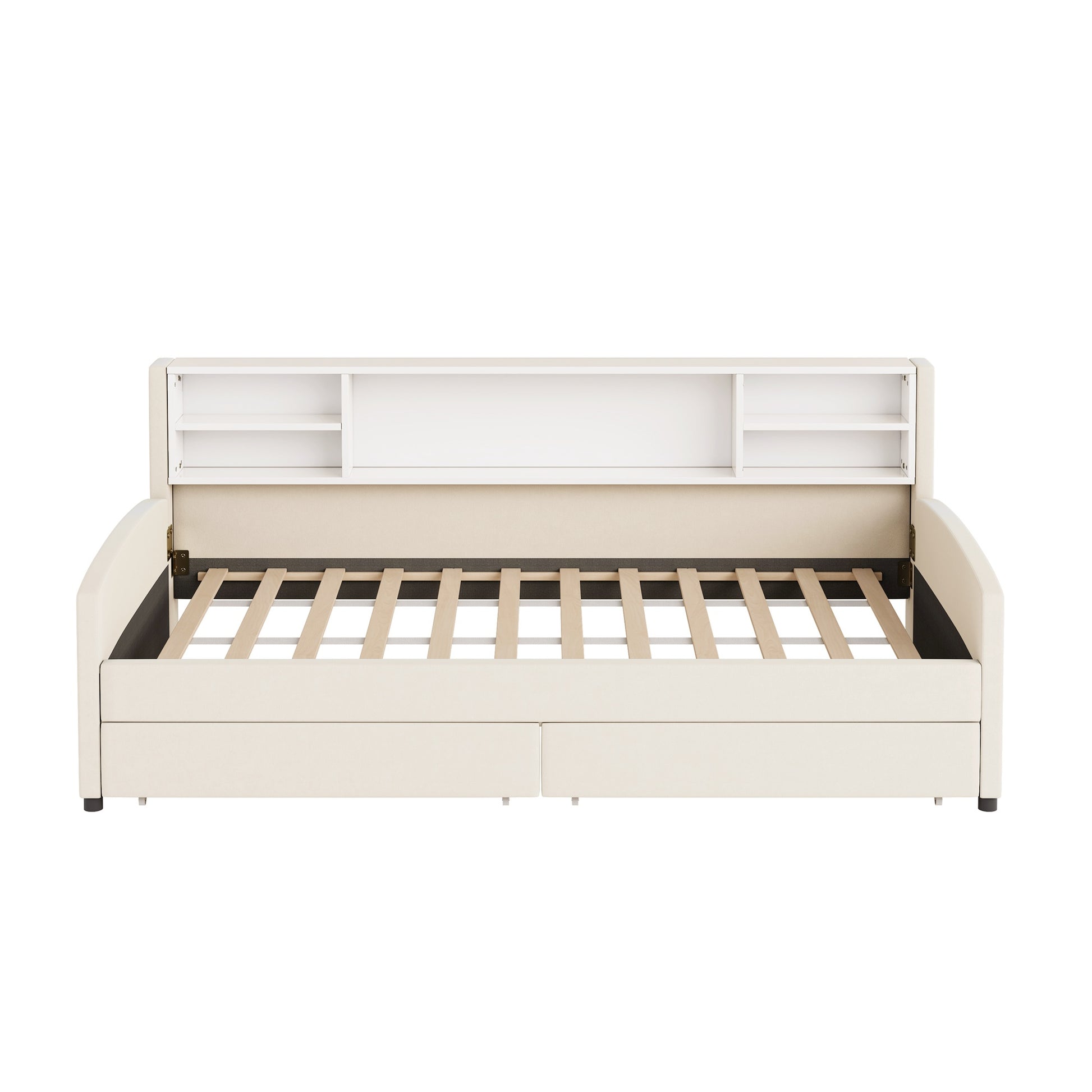 Cream upholstered daybed with builtin storage headboard and open slats