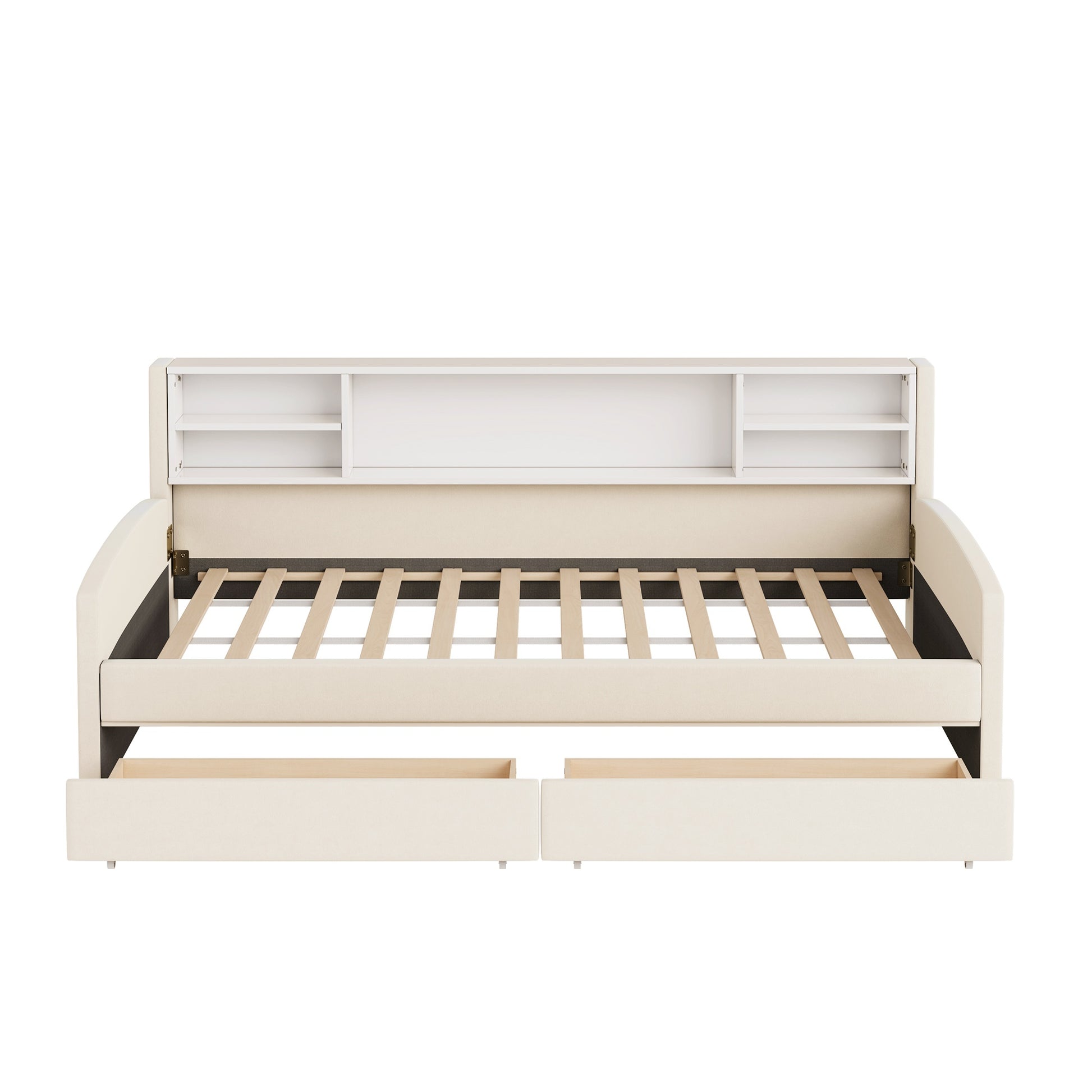Cream upholstered daybed with headboard shelves and two storage drawers below
