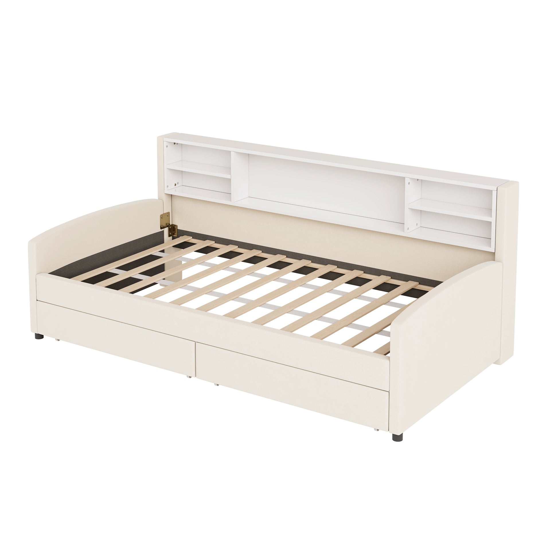 Cream upholstered daybed with two drawers and bookshelf headboard
