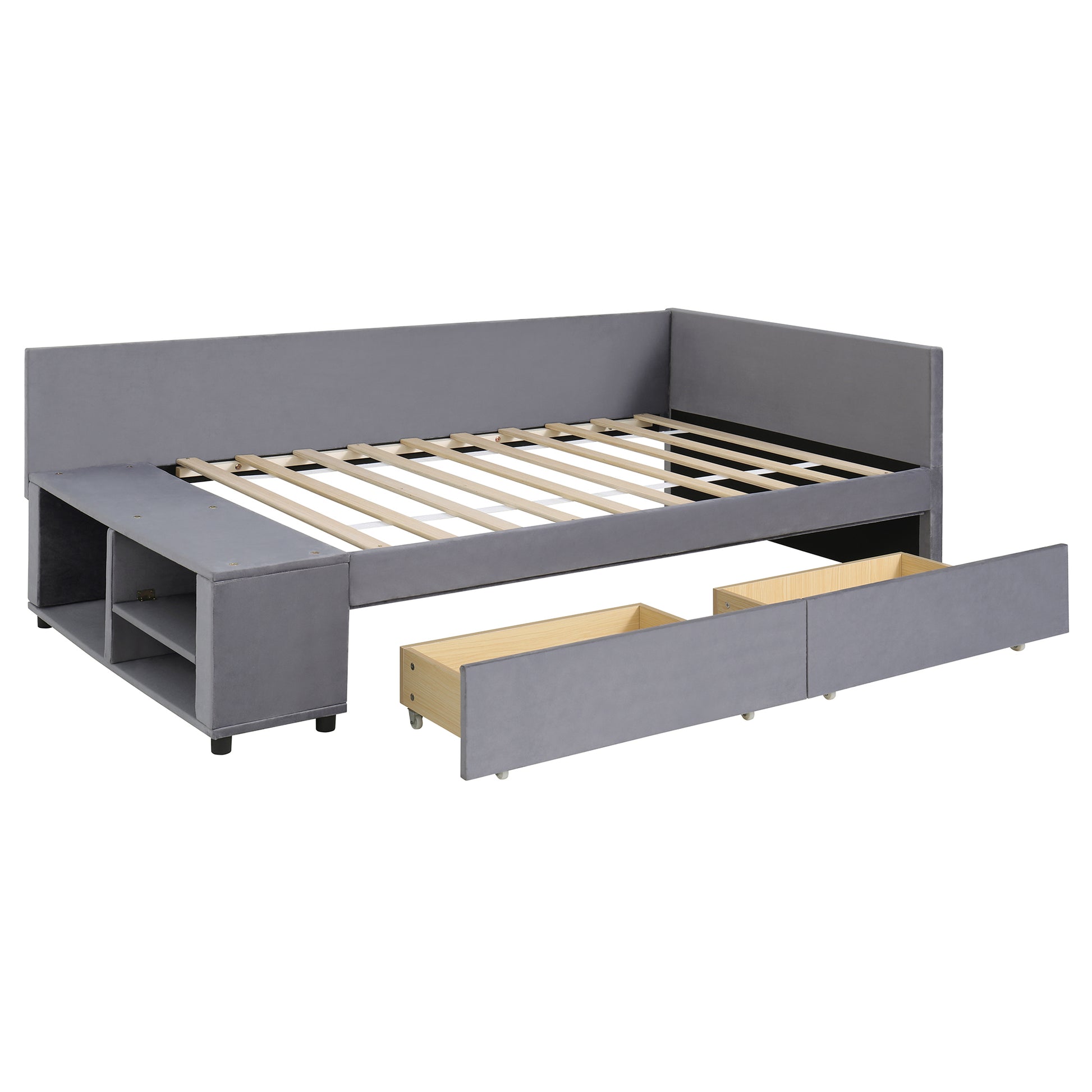 Grey velvet daybed with builtin storage drawers and open shelving compartment