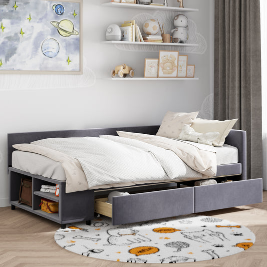 Gray velvet daybed with storage drawers perfect for kids rooms