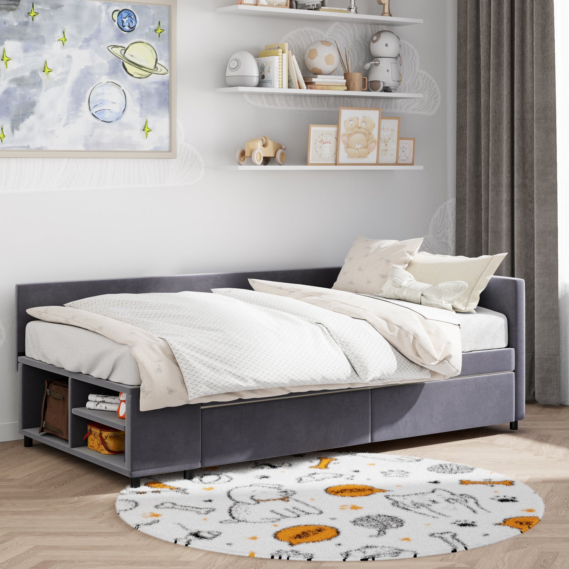 Grey upholstered daybed with builtin storage and cream bedding