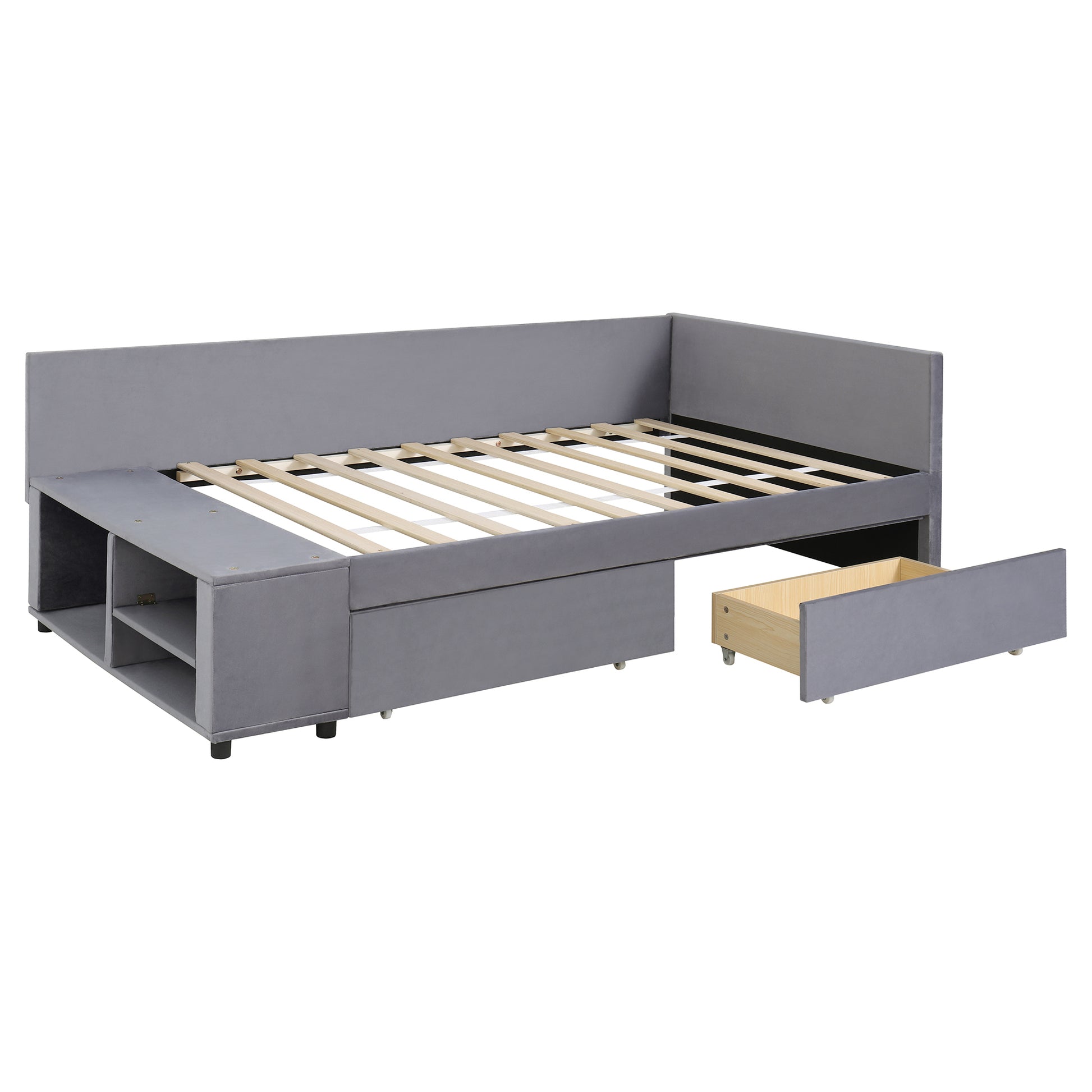 Gray fabric daybed with open storage shelves and a pullout drawer