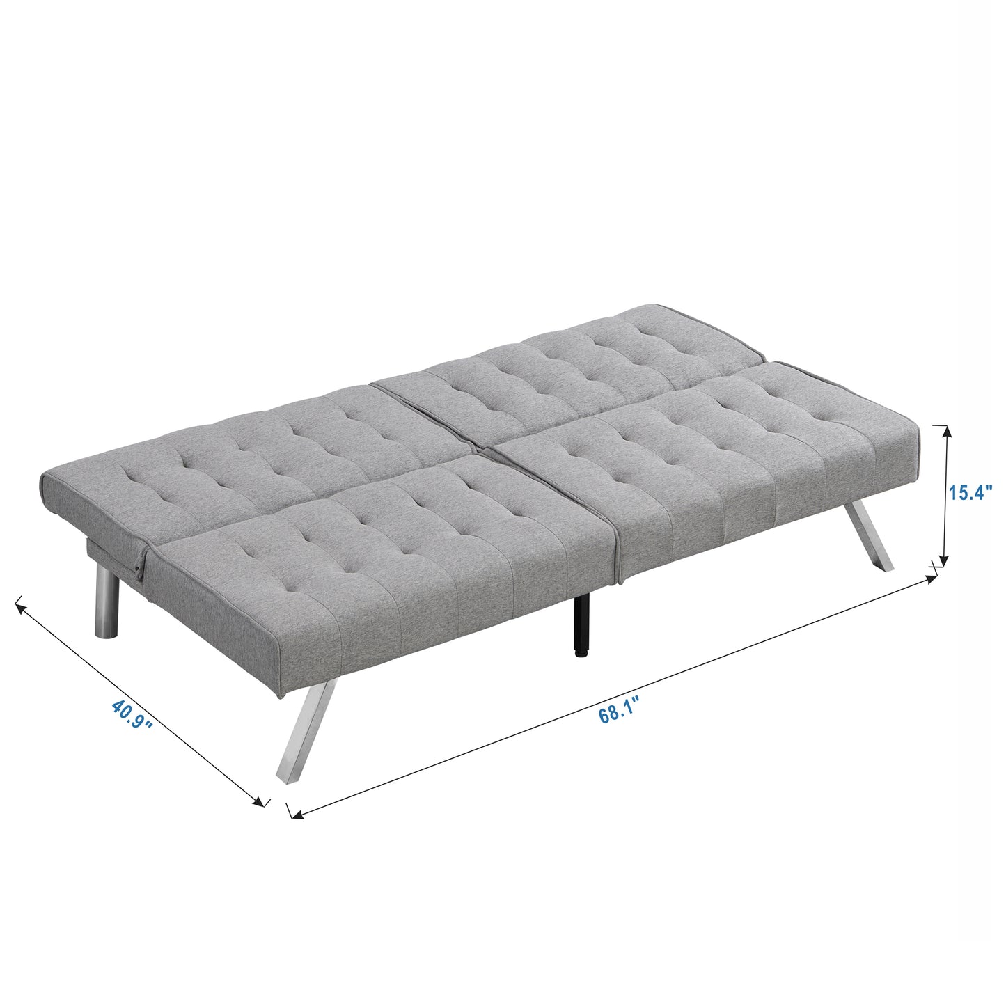 Grey upholstered futon sofa with tufted cushions and metal legs