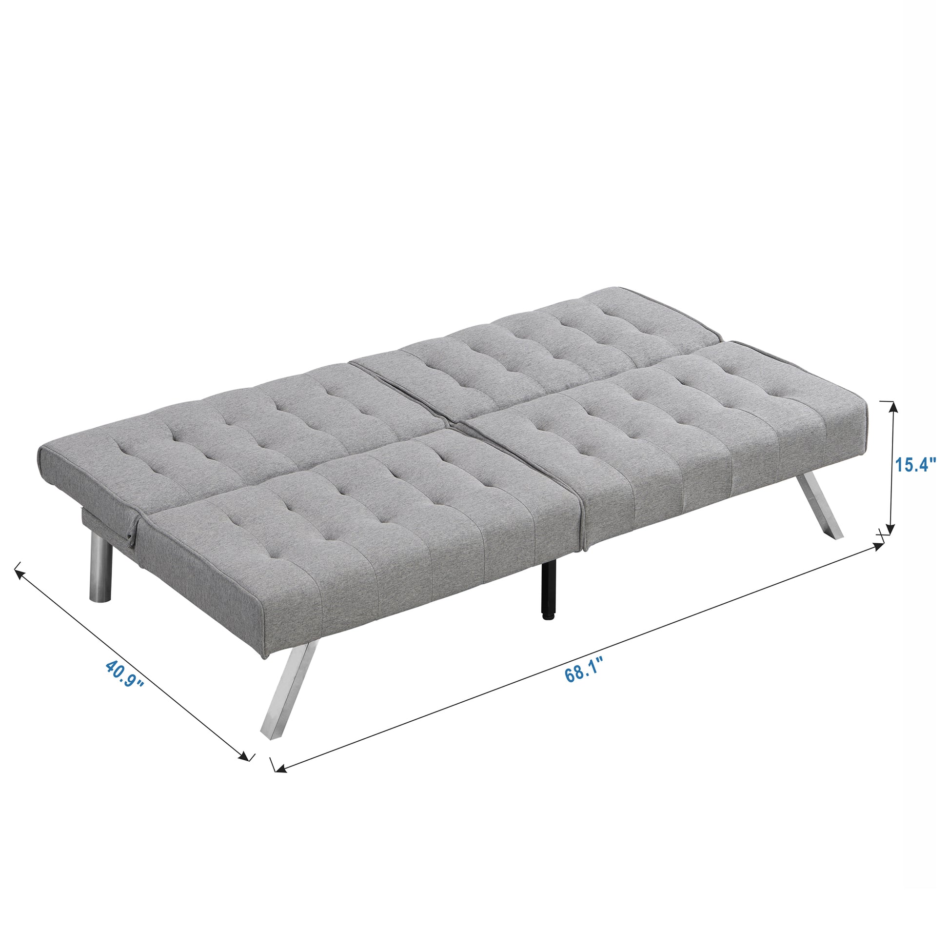 Grey upholstered futon sofa with tufted cushions and metal legs
