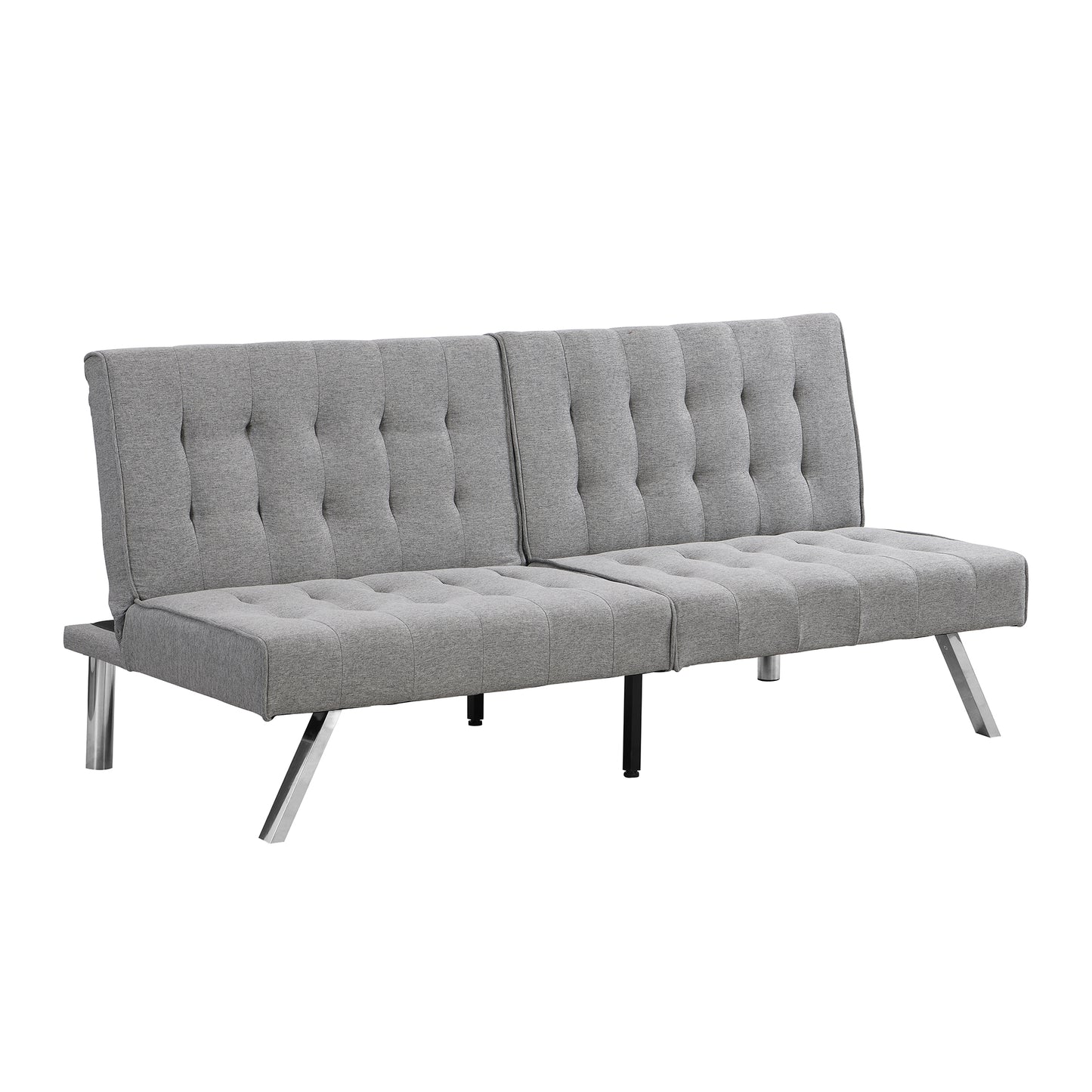 Grey upholstered futon with tufted seating and chrome legs