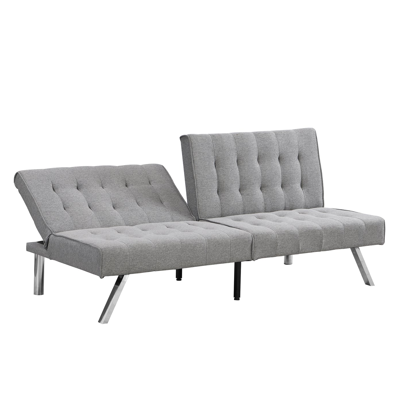 Tufted grey fabric futon sofa with adjustable backrests and chrome legs