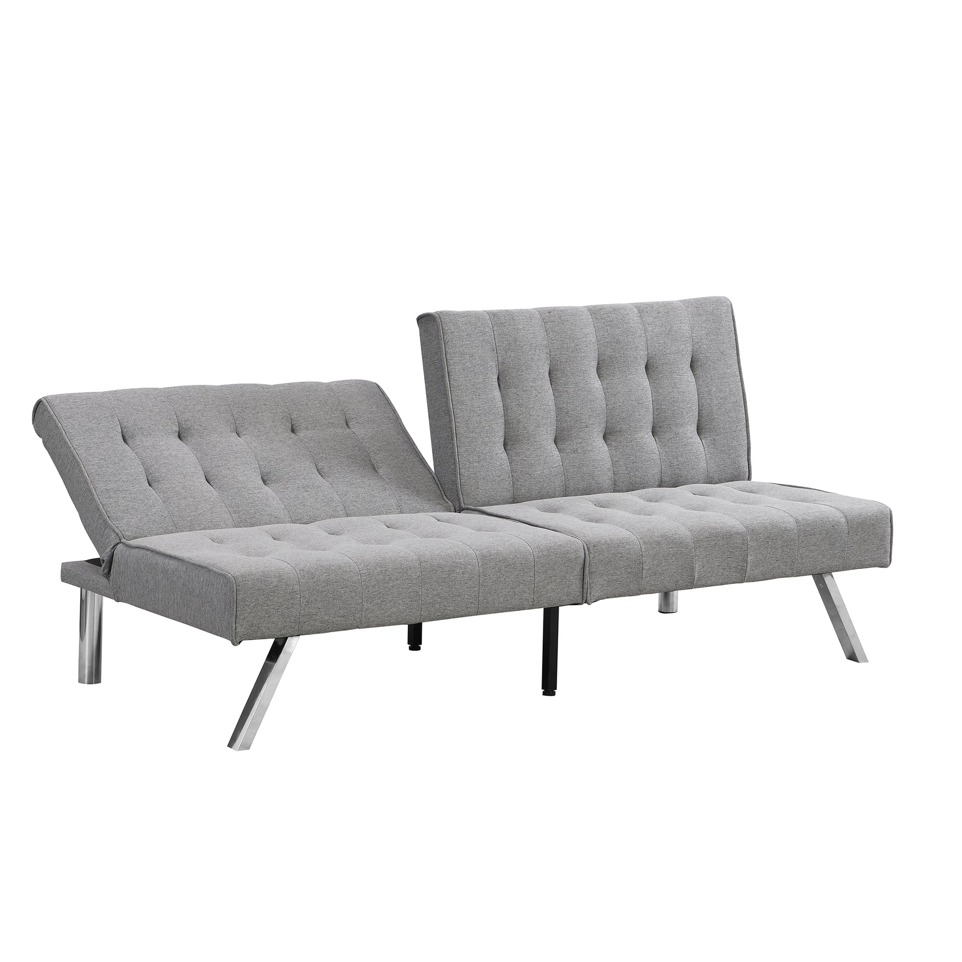 Tufted grey fabric futon sofa with adjustable backrests and chrome legs