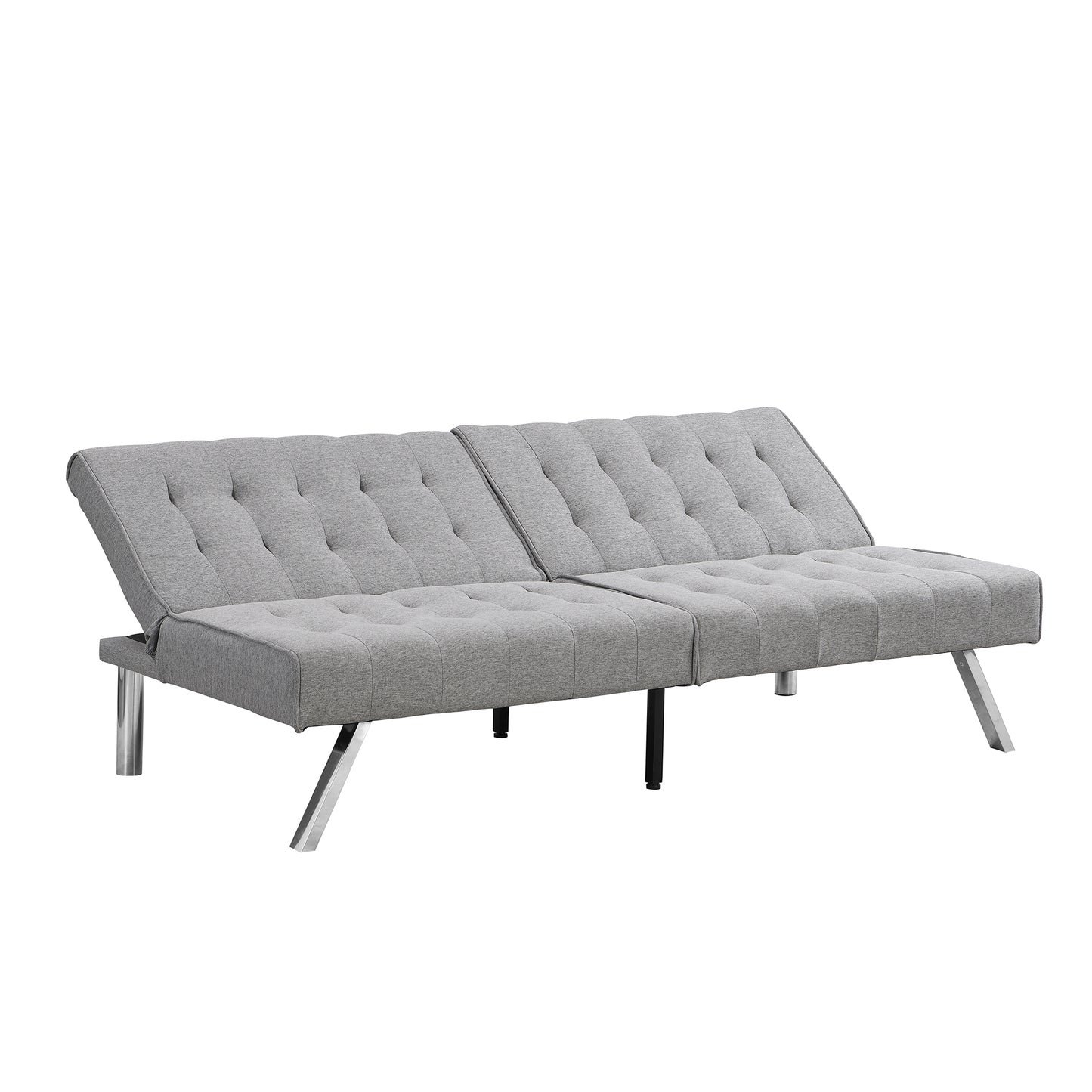 Gray tufted fabric convertible sofa with chrome legs for small spaces