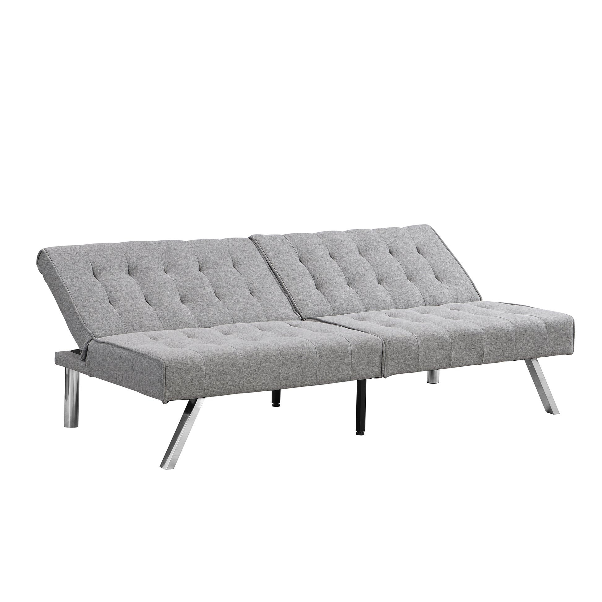 Gray tufted fabric convertible sofa with chrome legs for small spaces