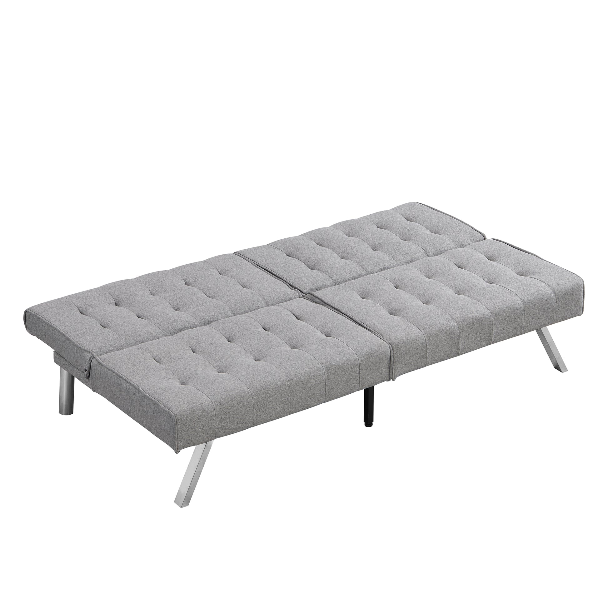 Grey upholstered futon sofa with tufted cushions and silver metal legs versatile for small spaces