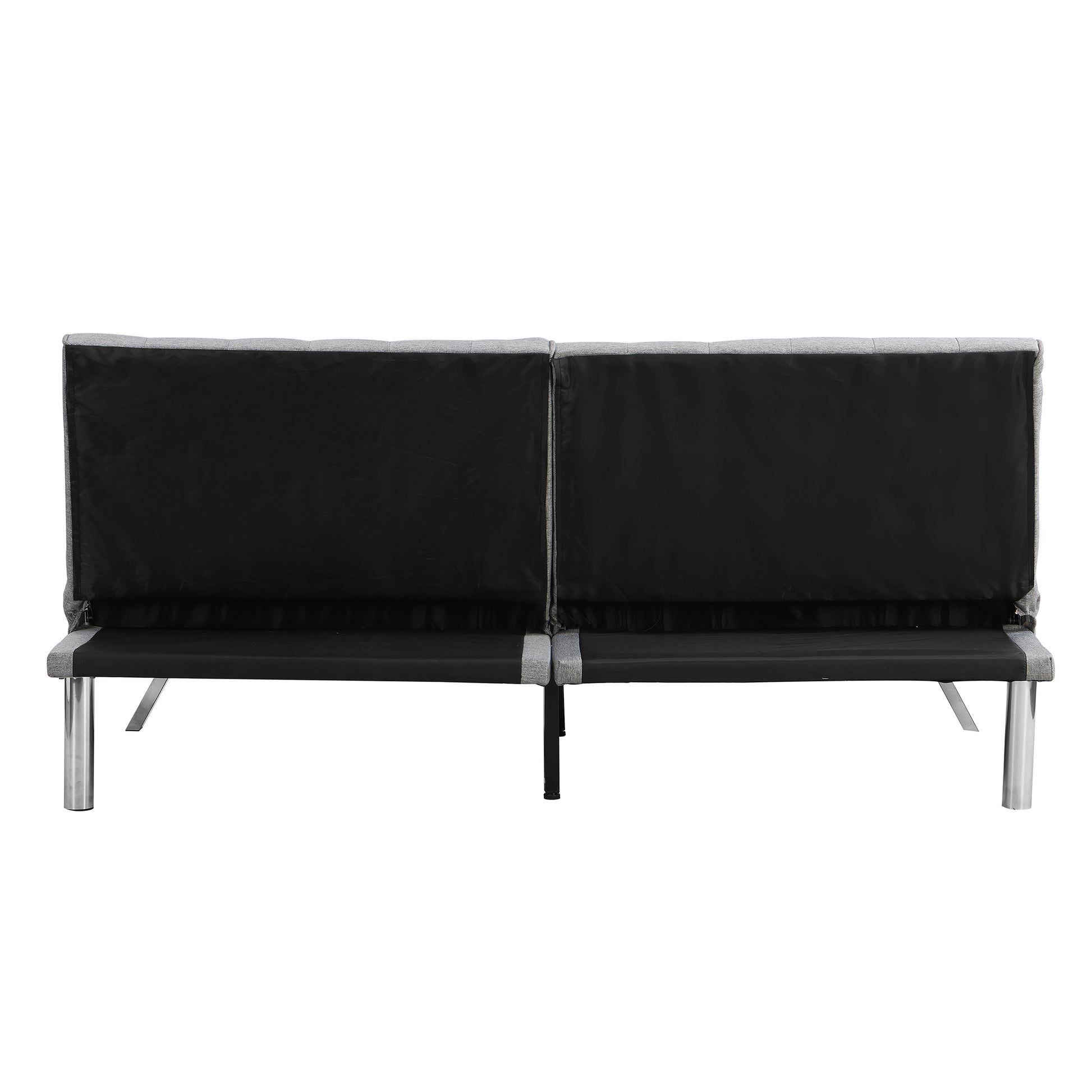 Modern grey futon sofa with tufted back and chrome legs functional for small spaces