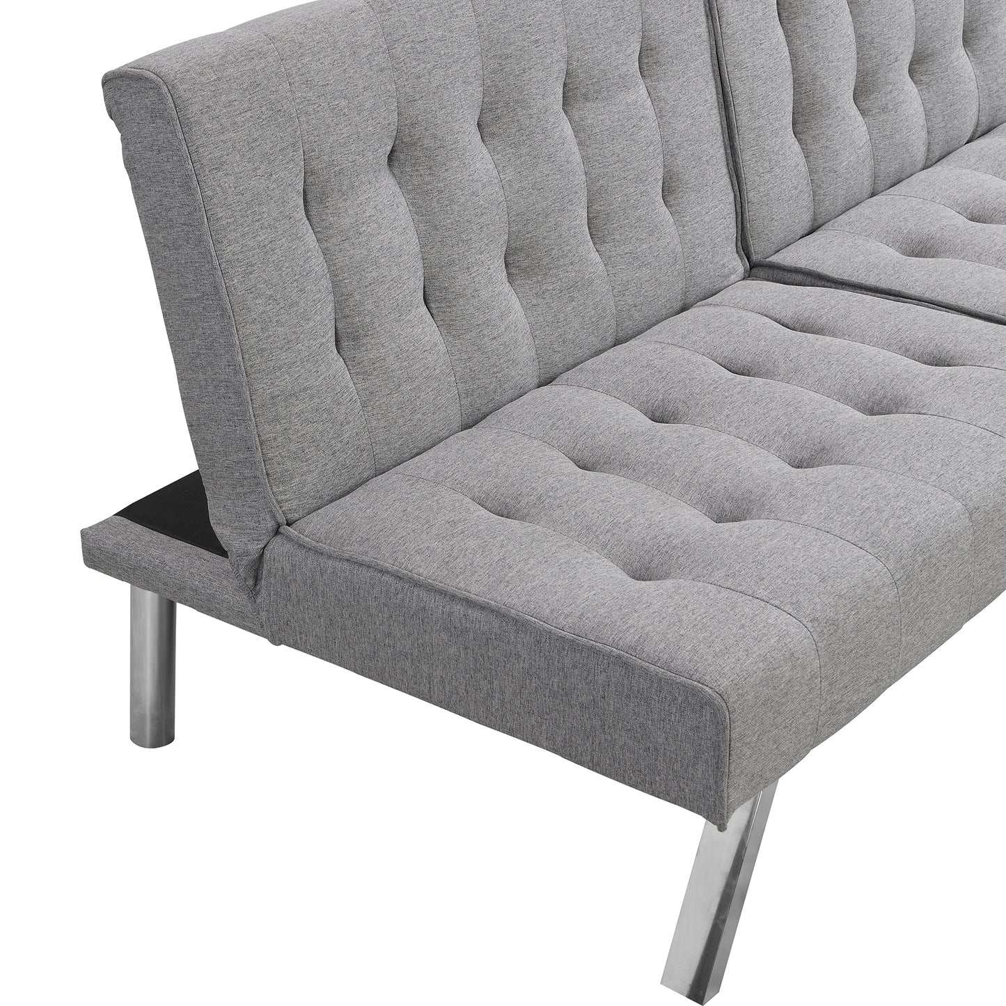 Gray fabric tufted sofa bed with modern chrome legs