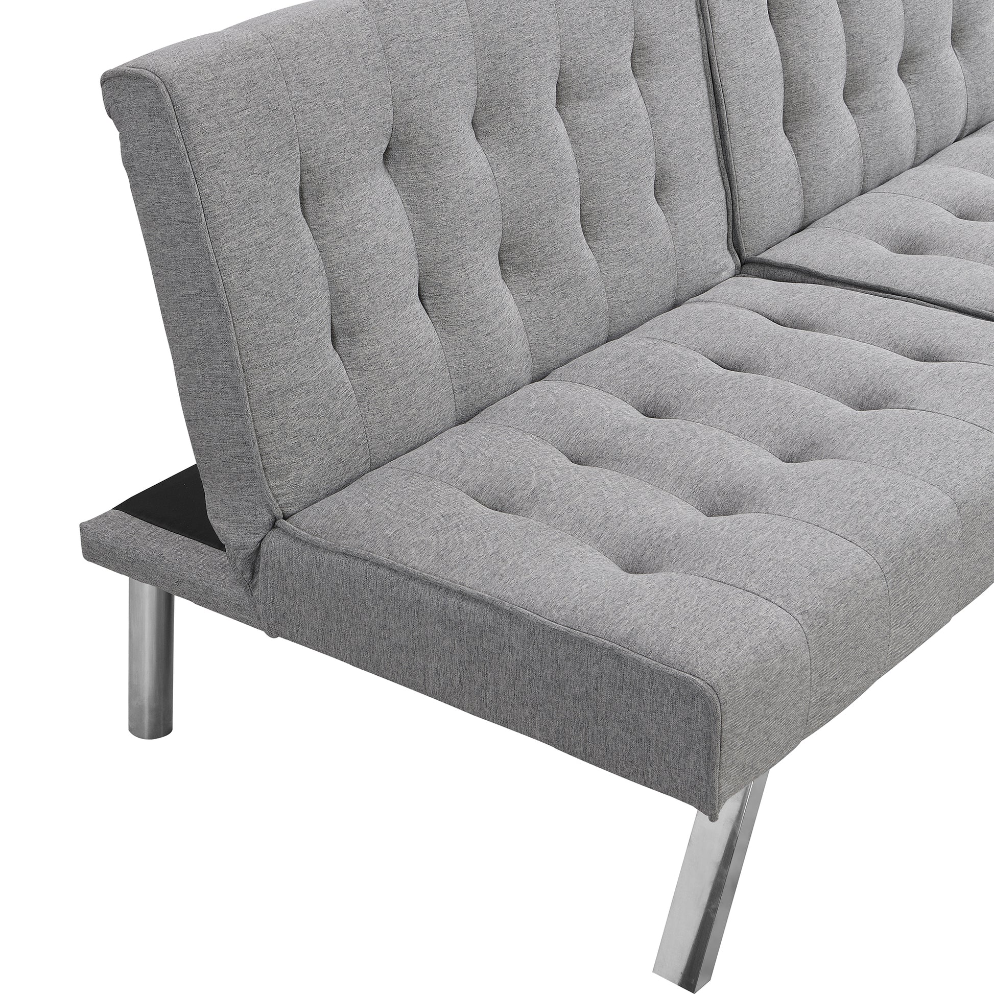 Gray fabric tufted sofa bed with modern chrome legs
