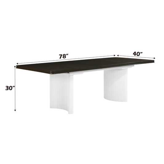 Dark wood dining table with fluted white pedestals  L x  W x  H