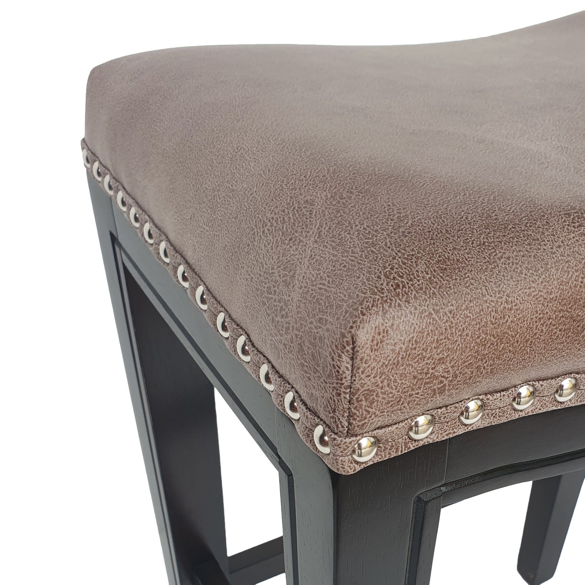 Brown faux leather bar stool with decorative silver nailhead trim