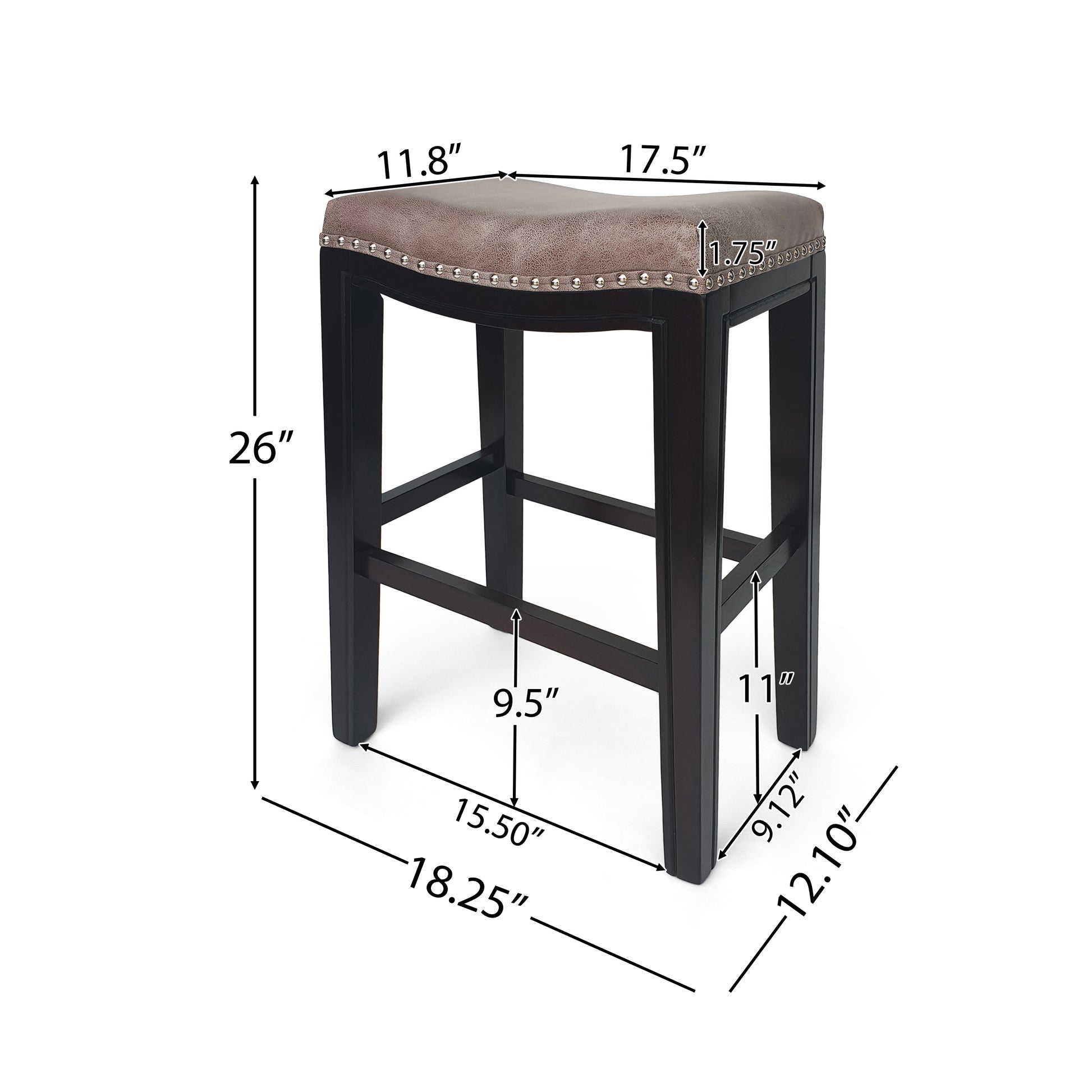 Brown upholstered counter stool with nailhead trim and dark wood legs