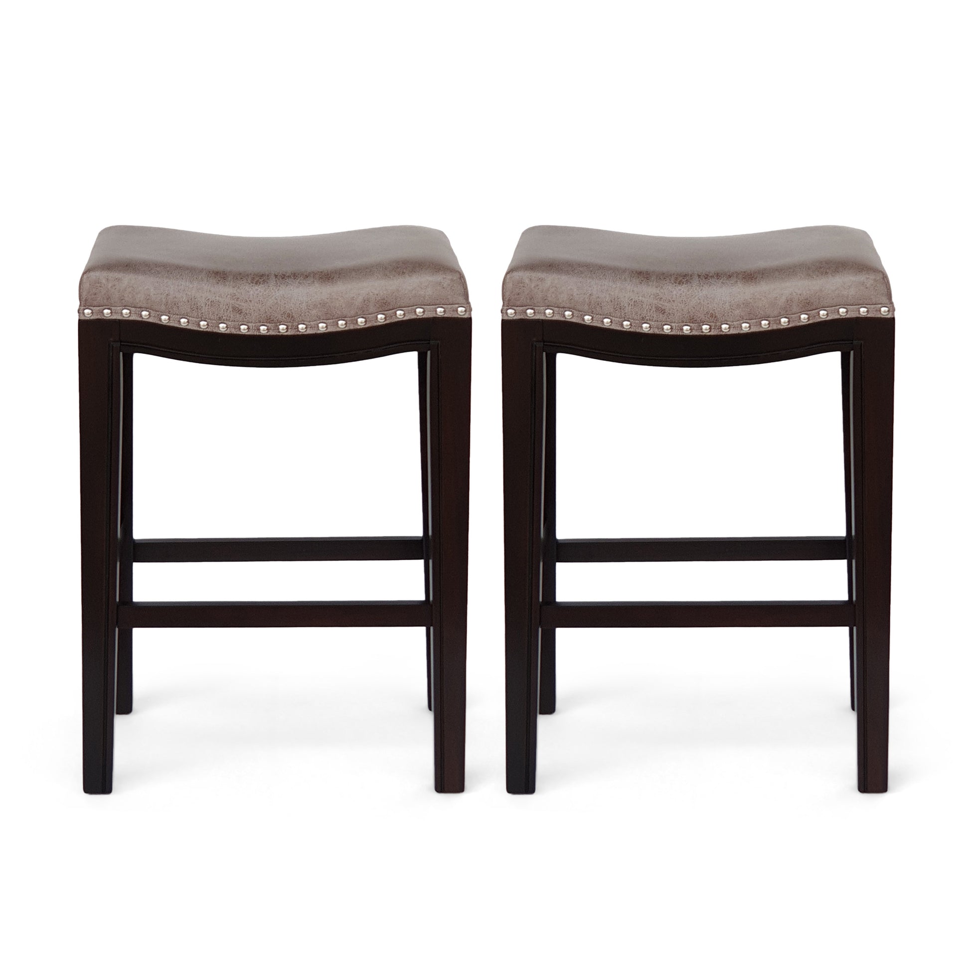 Pair of classic saddle bar stools with brown faux leather and dark wood legs