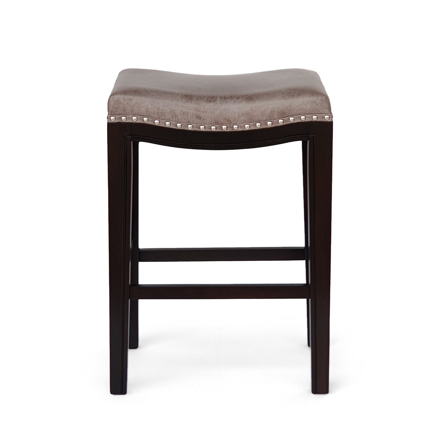 Brown leather saddle stool with silver nailhead trim and dark wood frame