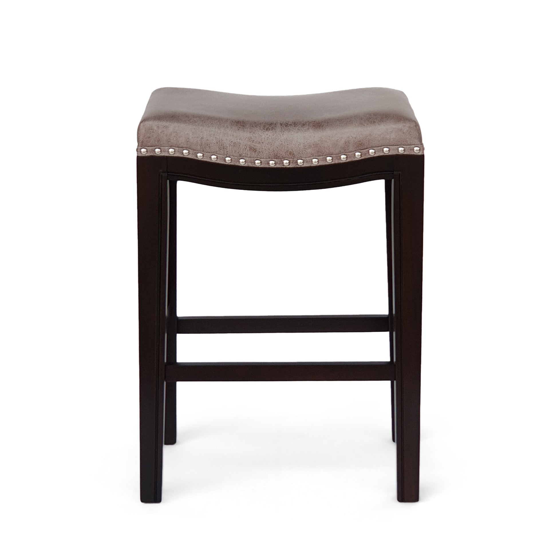 Brown leather saddle stool with silver nailhead trim and dark wood frame