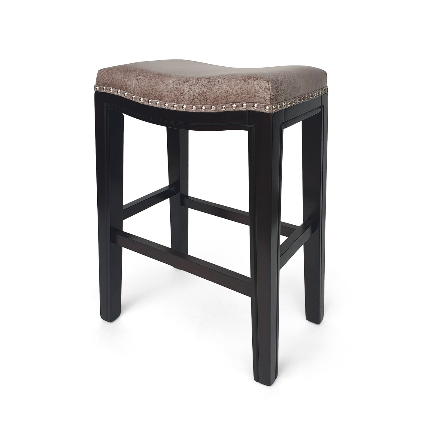 Brown faux leather counter stool with silver nailhead trim and dark wood legs