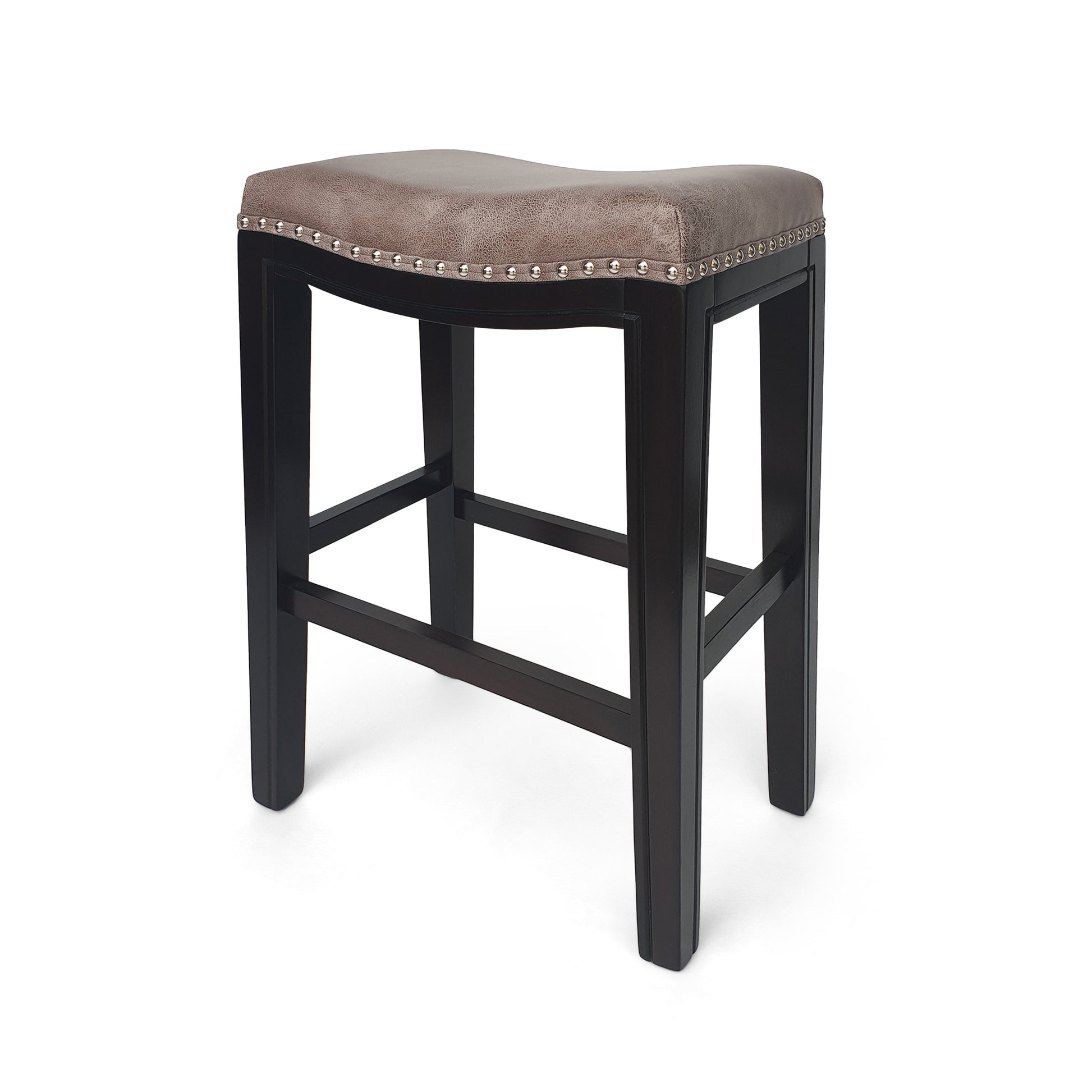Brown faux leather counter stool with silver nailhead trim and dark wood legs