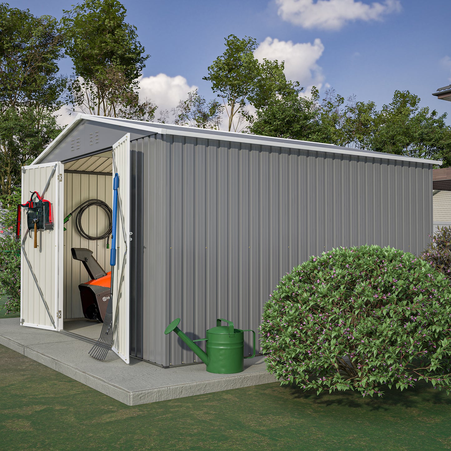 Galvanized steel storage shed with double doors ideal for garden tools and equipment