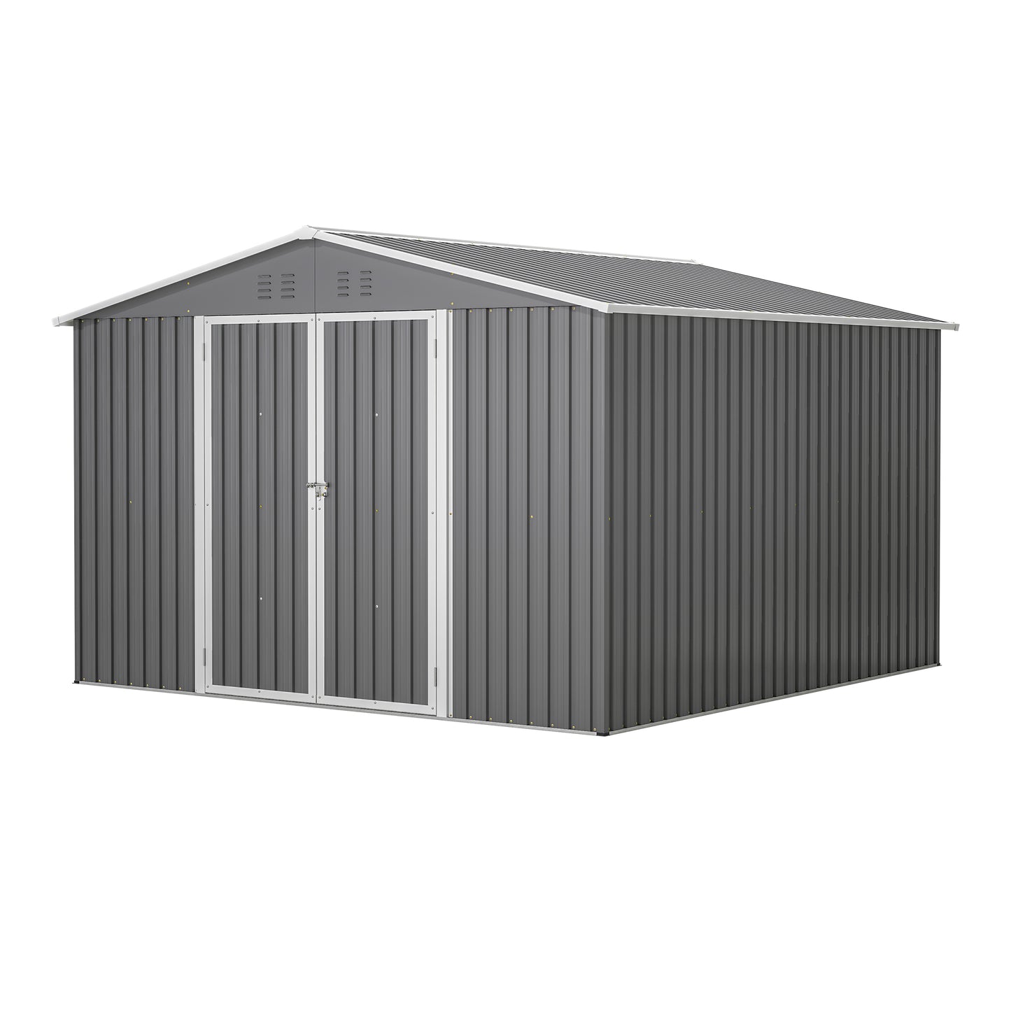 Modern dark grey metal garden shed with double doors and sloped roof