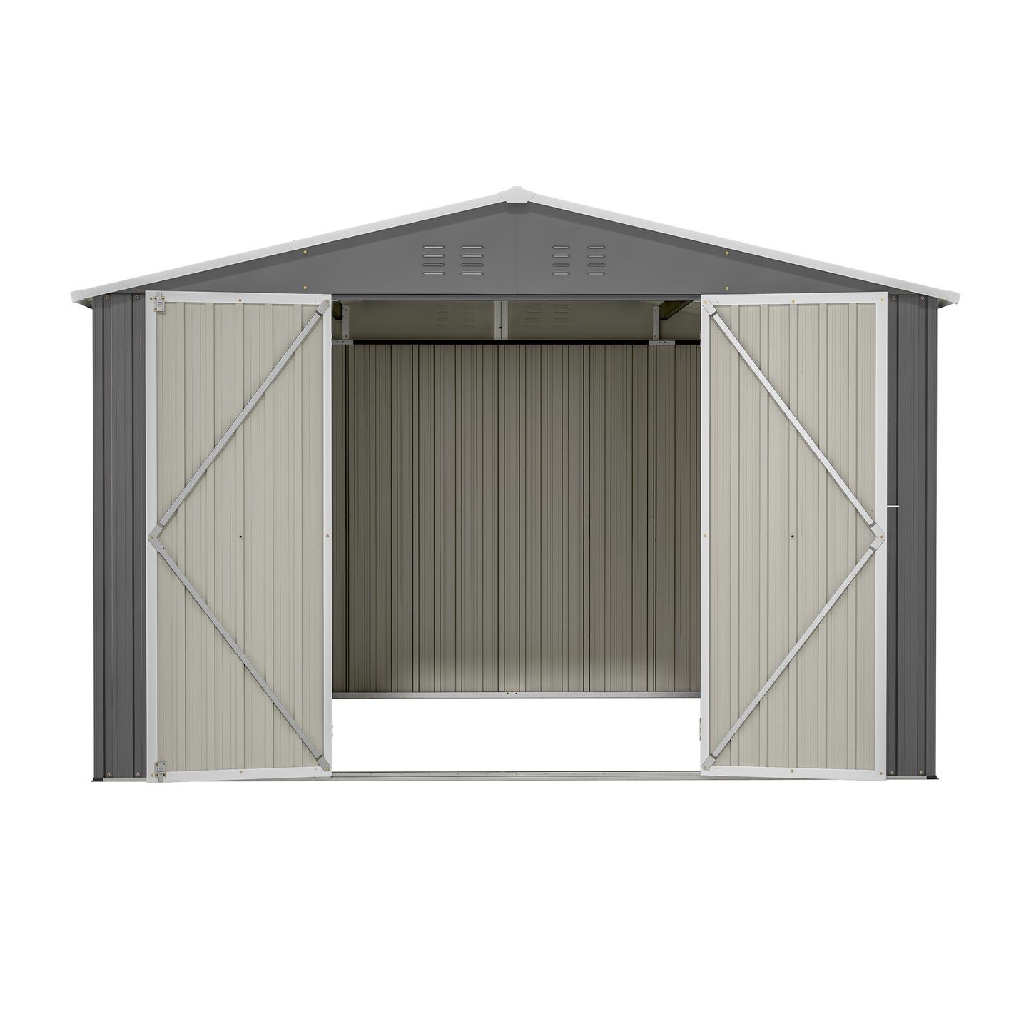 Front view of a galvanized steel garden shed with dual doors open