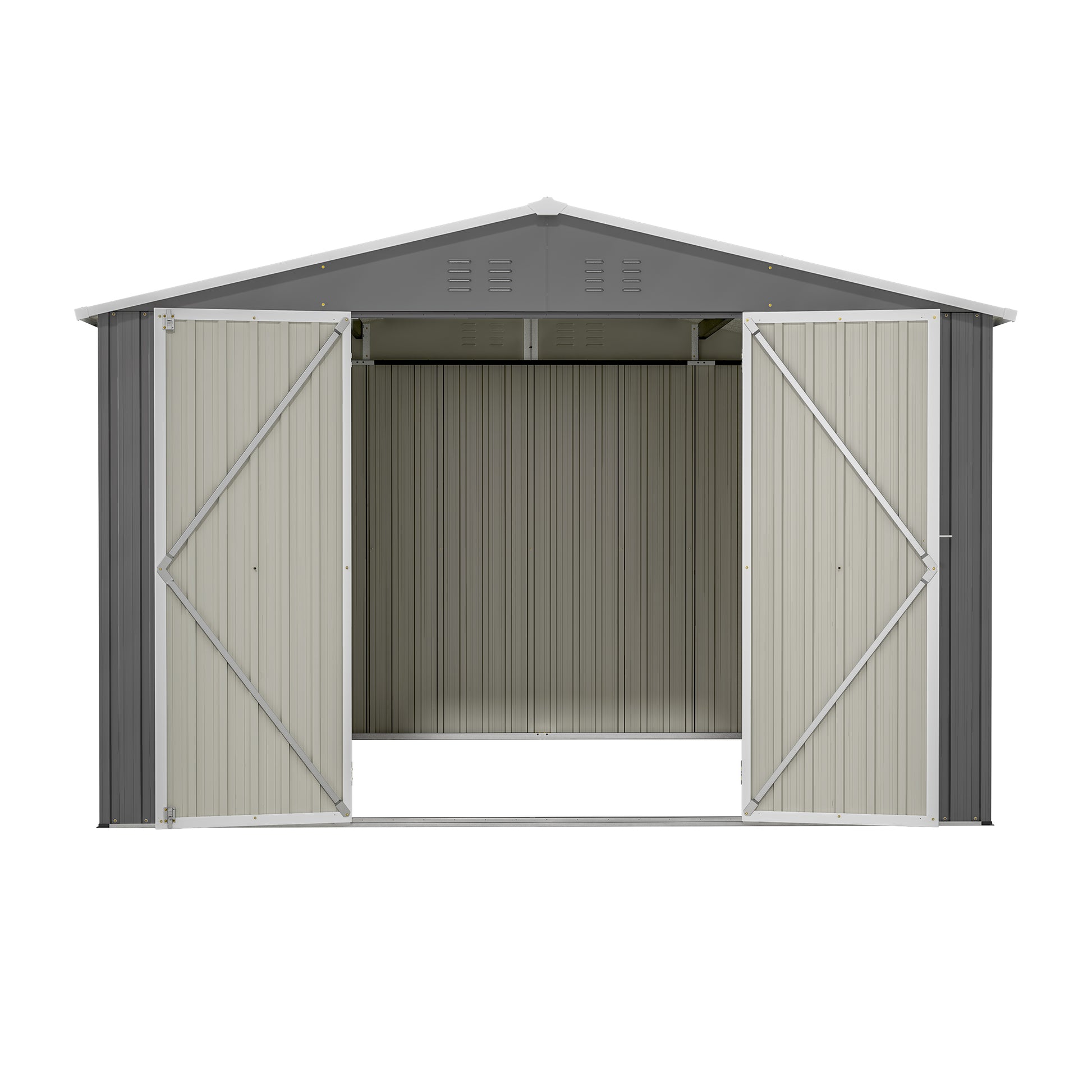 Front view of a galvanized steel garden shed with dual doors open