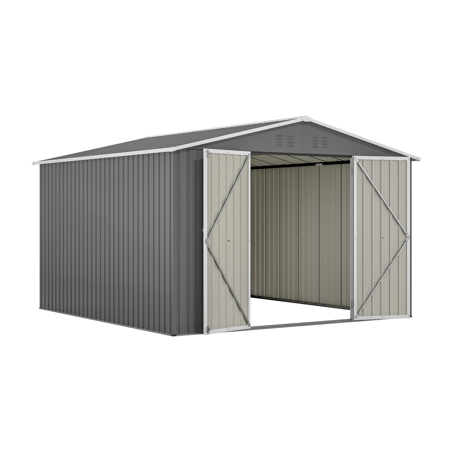 Gray metal garden shed with double doors open on a white background