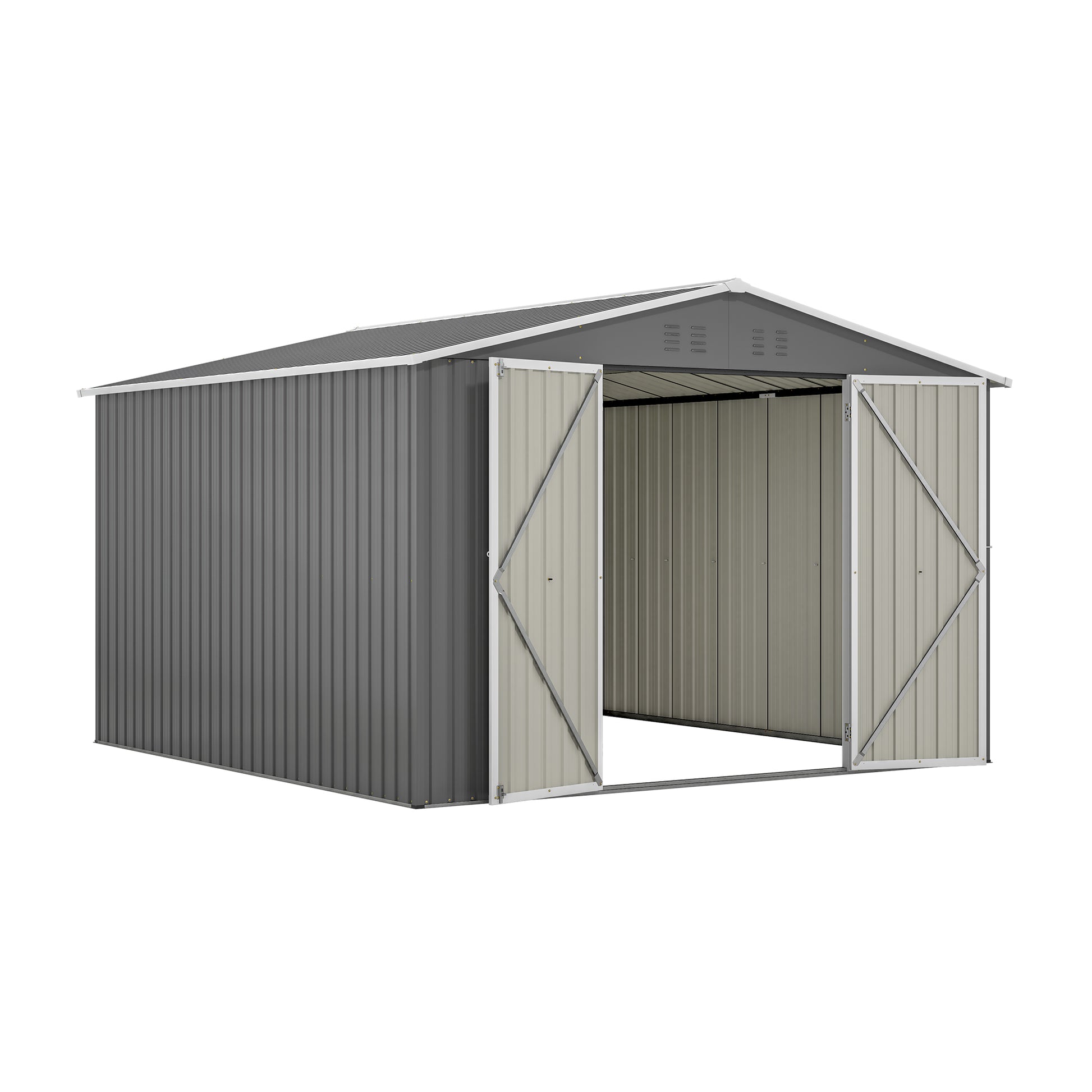 Gray metal garden shed with double doors open on a white background