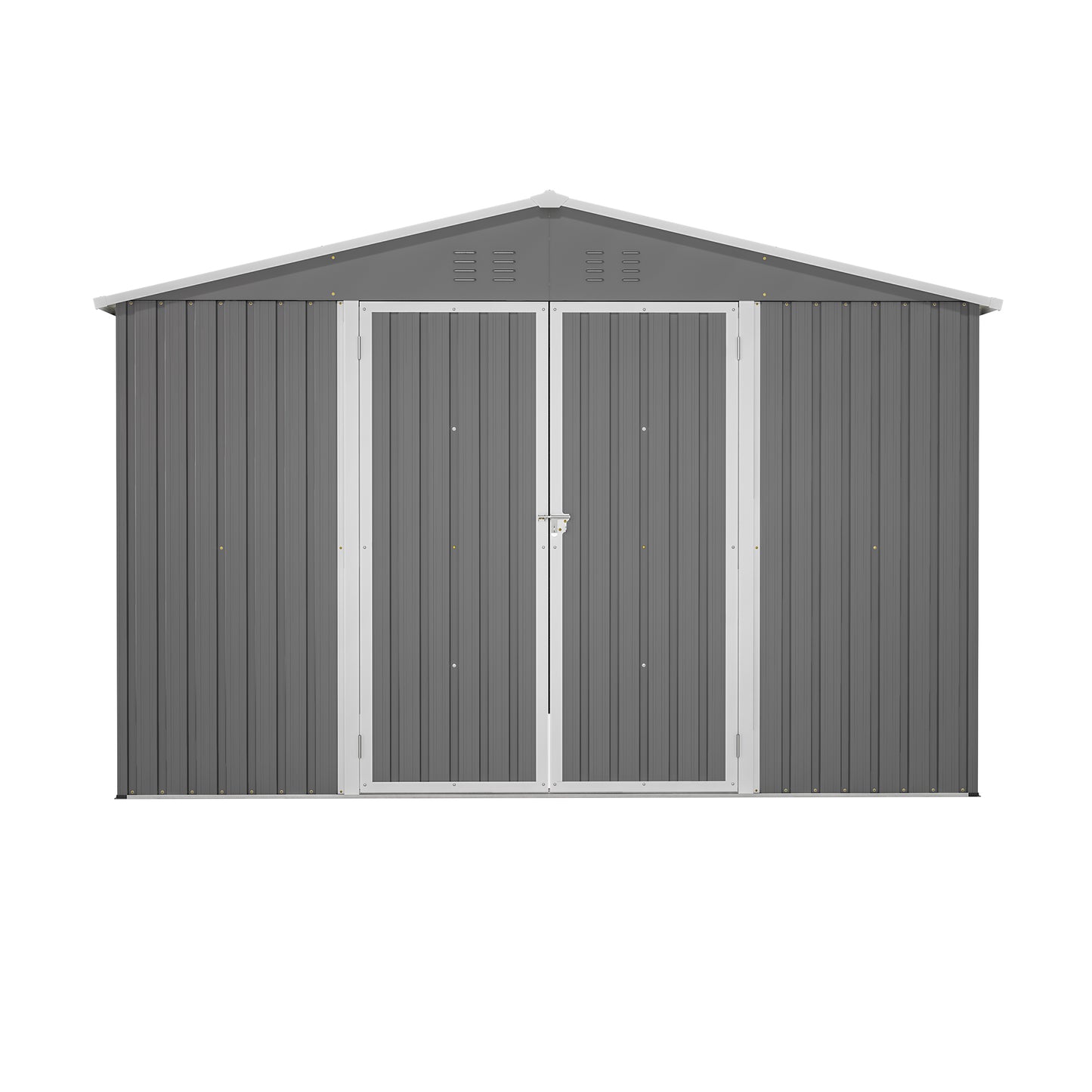 Gray metal outdoor storage shed with double doors and pitched roof