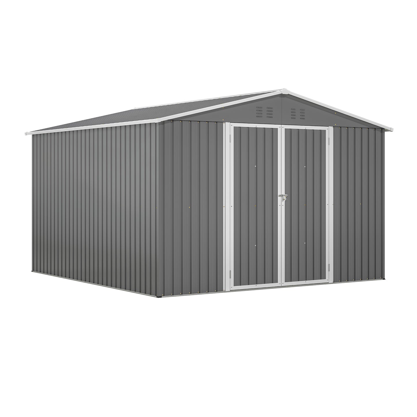 Gray metal garden shed with double doors and gable roof