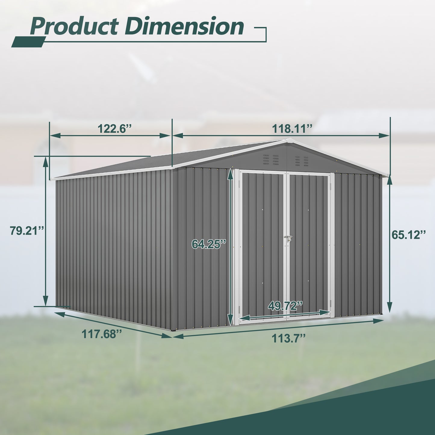 Gray metal storage shed with double doors and dimensions for outdoor organization