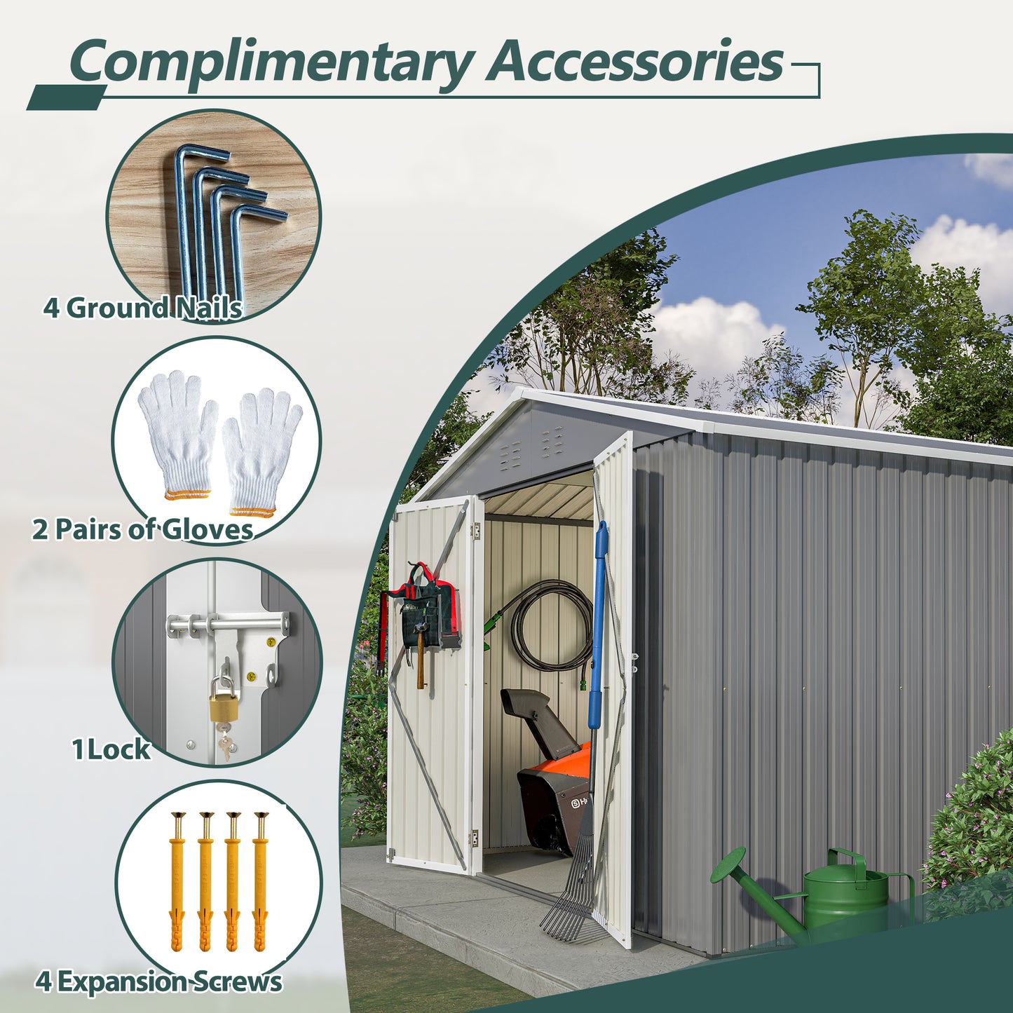 Four Lshaped metal ground nails for securing outdoor structures