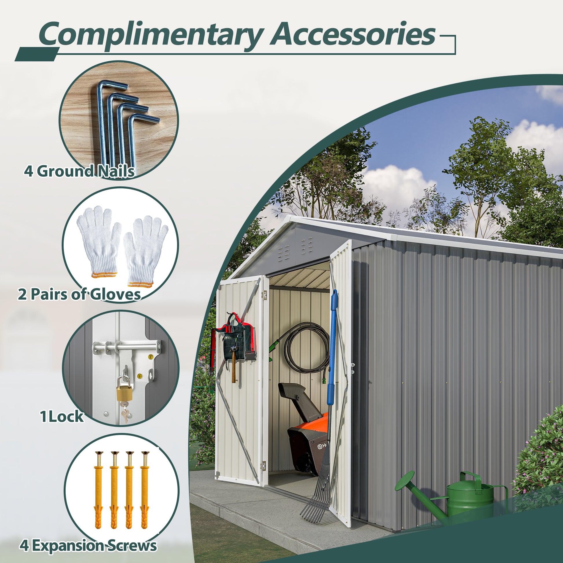 Four Lshaped metal ground nails for securing outdoor structures