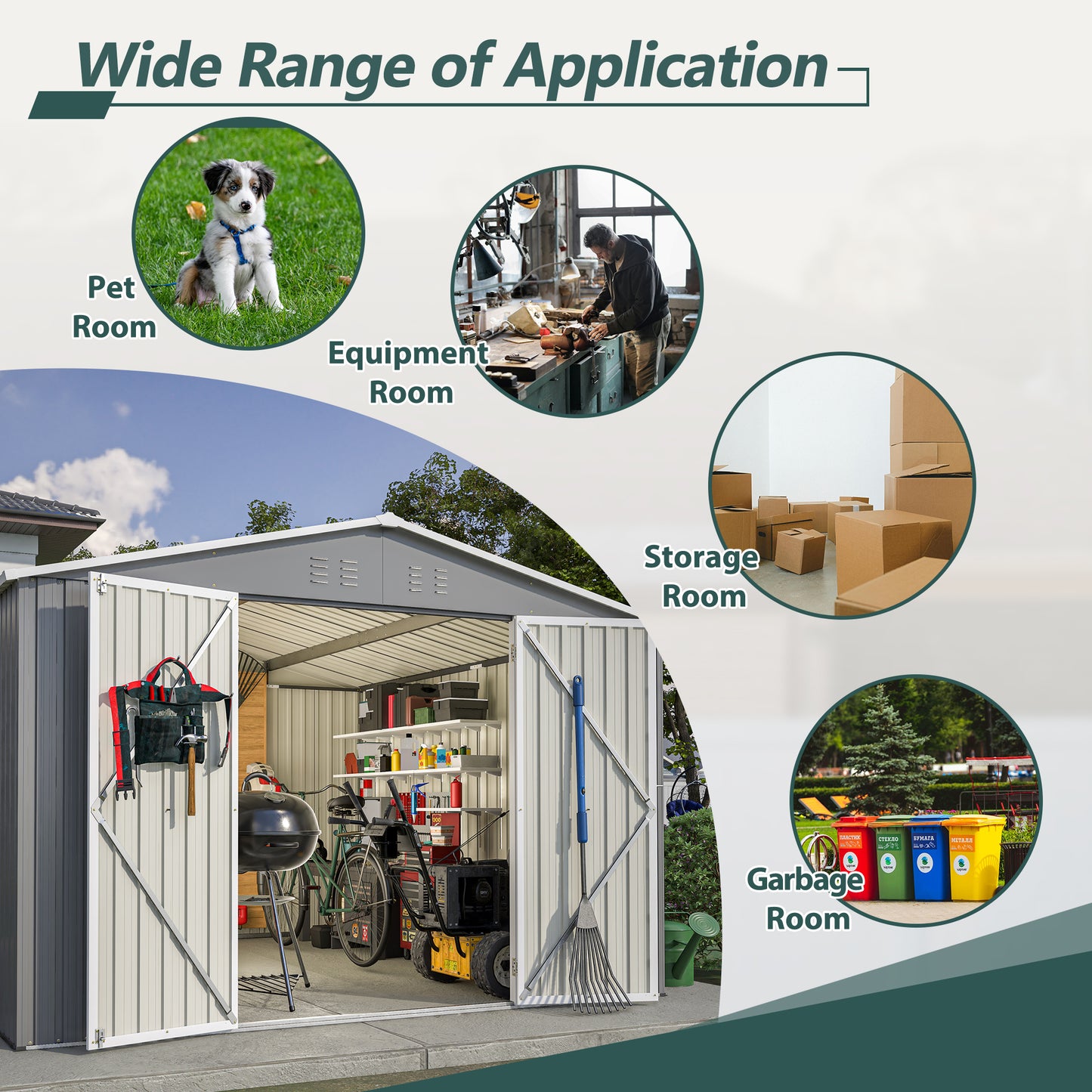 Metal storage shed with open doors showing gardening tools a grill and a bicycle inside