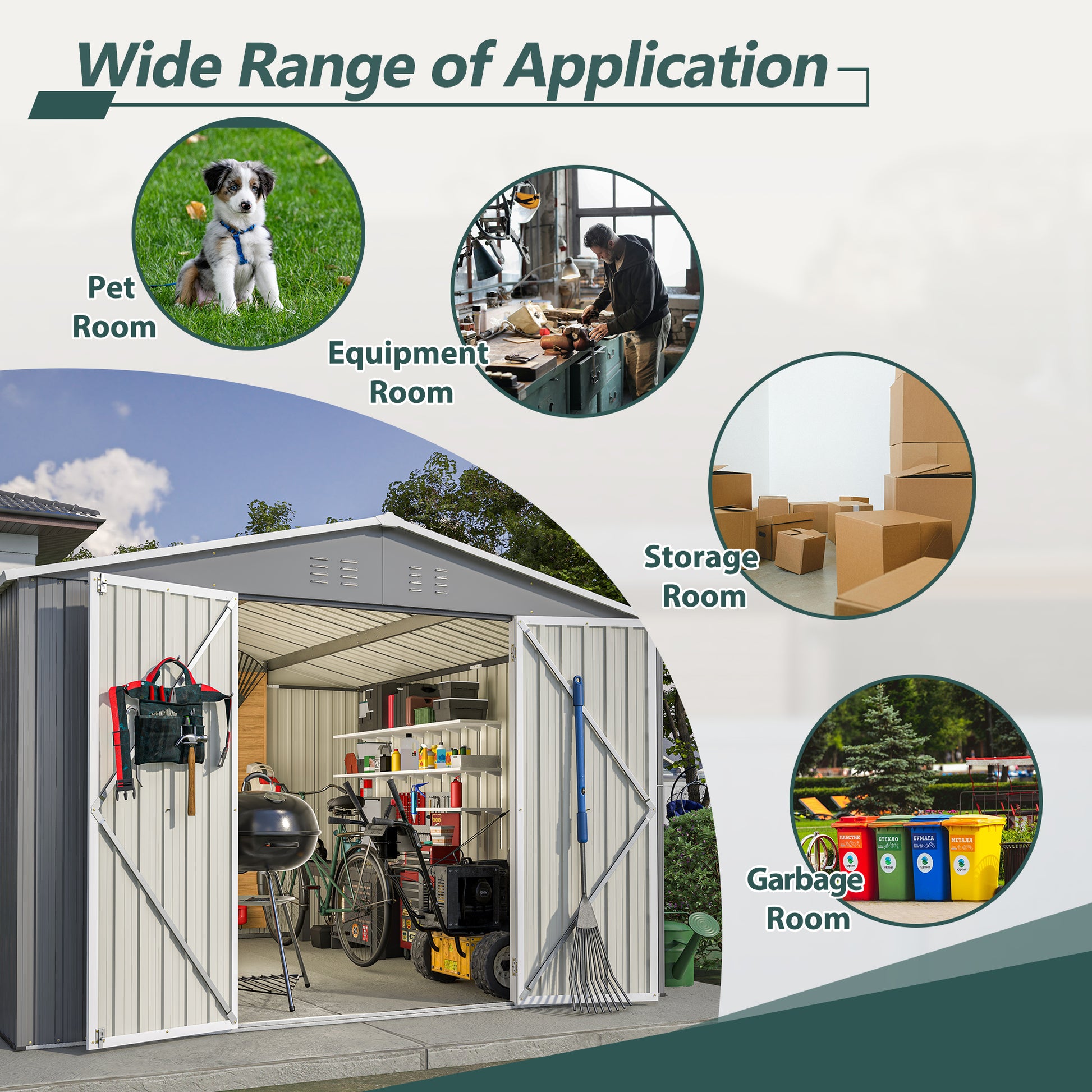 Metal storage shed with open doors showing gardening tools a grill and a bicycle inside